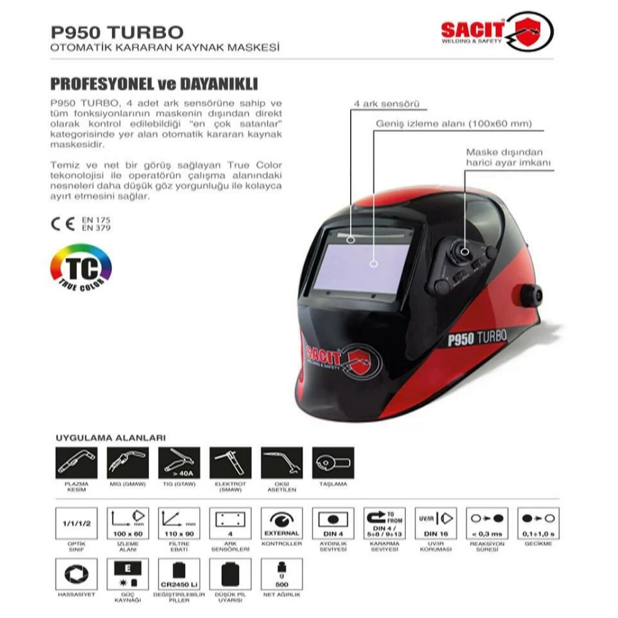 Sacit P950 Turbo Otomatik Kararan Kaynak Maskesi  True Color