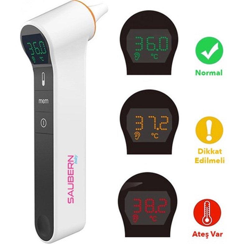 Saubern BNT9603 Temassız Alından Ateş Ölçer - Kulaktan Ateş Ölçer - Dijital Termometre - Işıklı Ekran