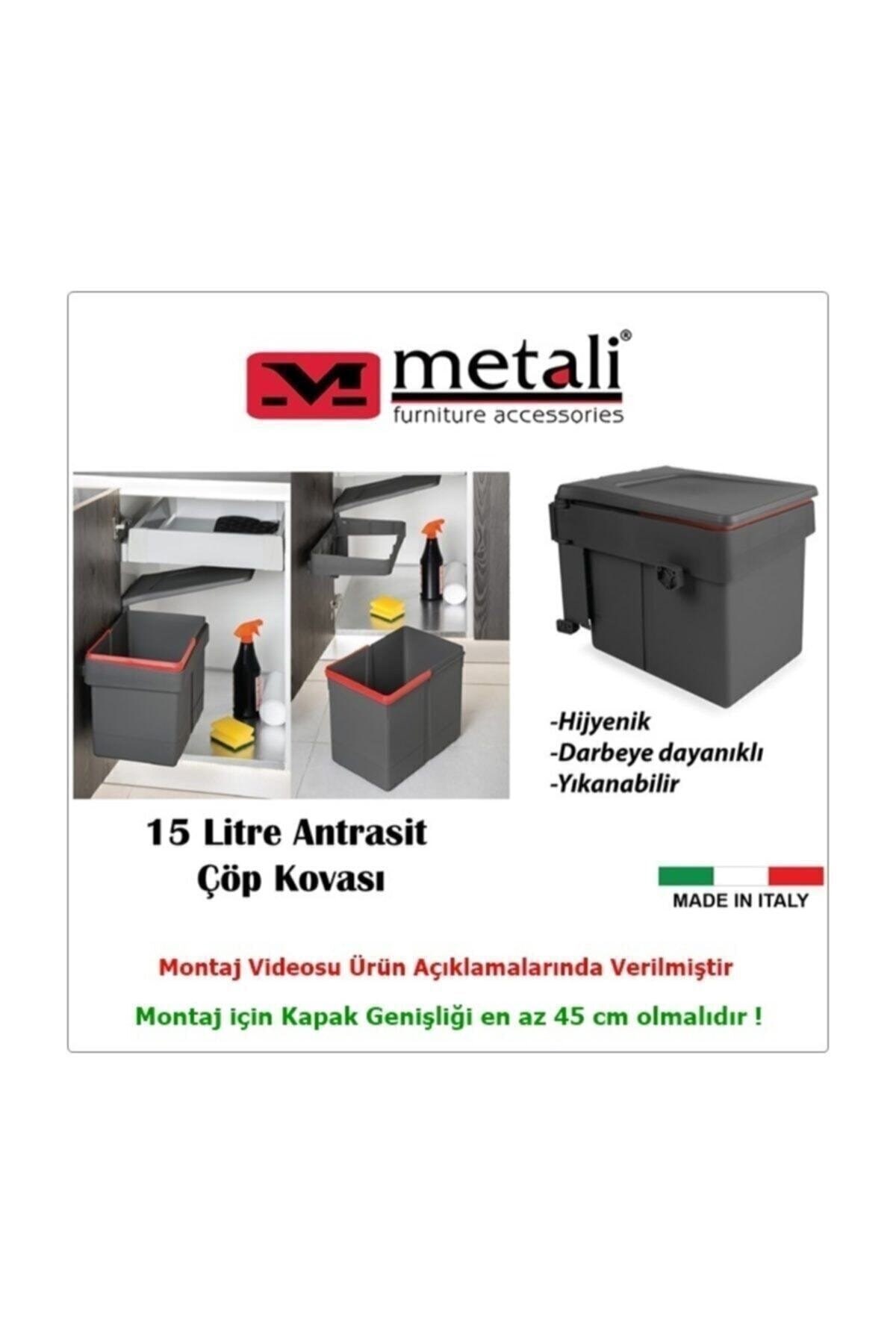 Metali 7015 Kapağa Monte Teleskopik Raylı Antrasit Çöp Kovası 15 Lt.
