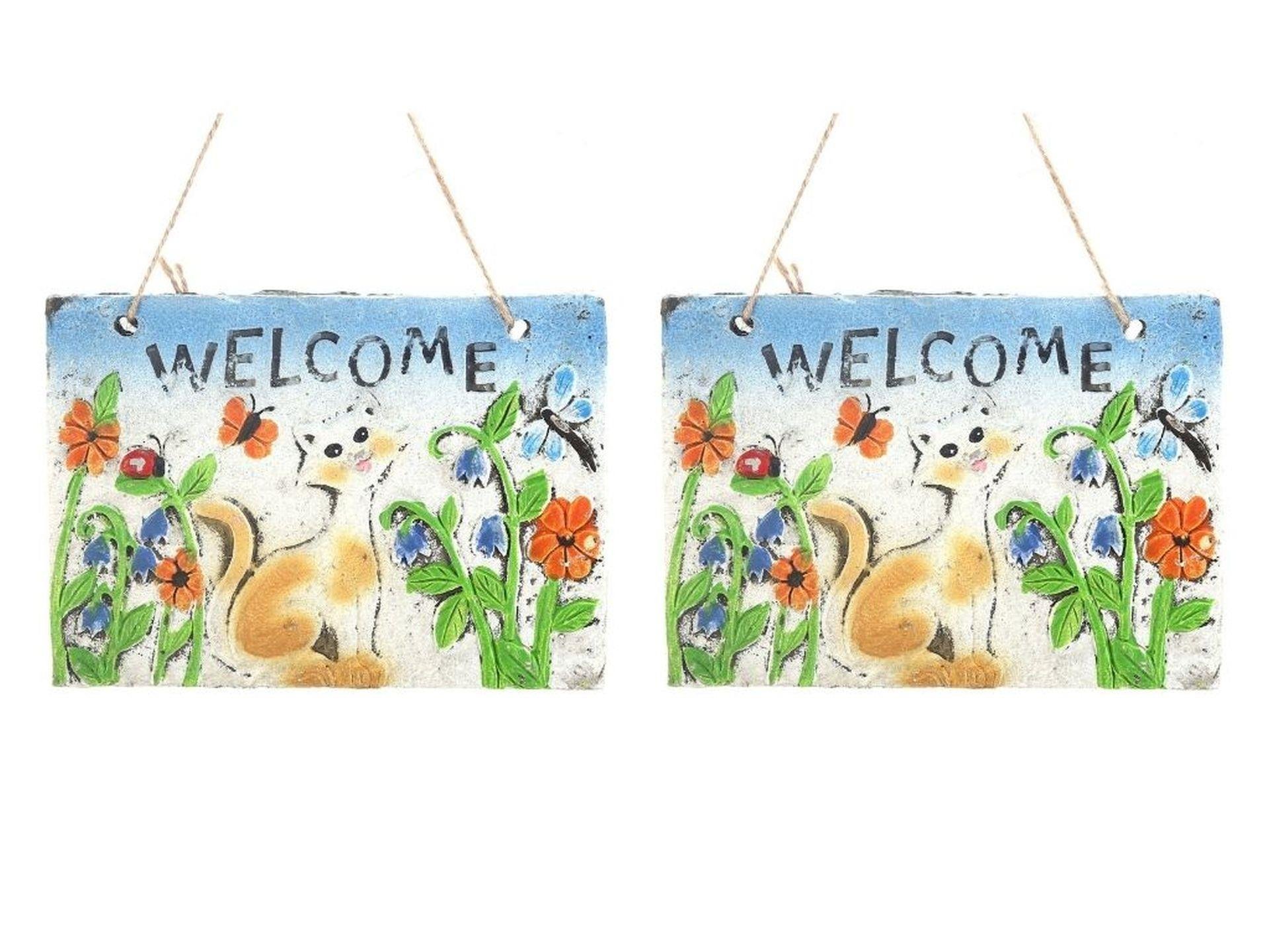 2 Adet Asılabilir Balkon Ve Bahçe Süsü Hoşgeldin Kedili 21X16X1,2Cm Duvar Süsü,Taşı Balkon,Bahçe Ve Oda Dekor  Hoşgeldiniz Tablo,Tabela