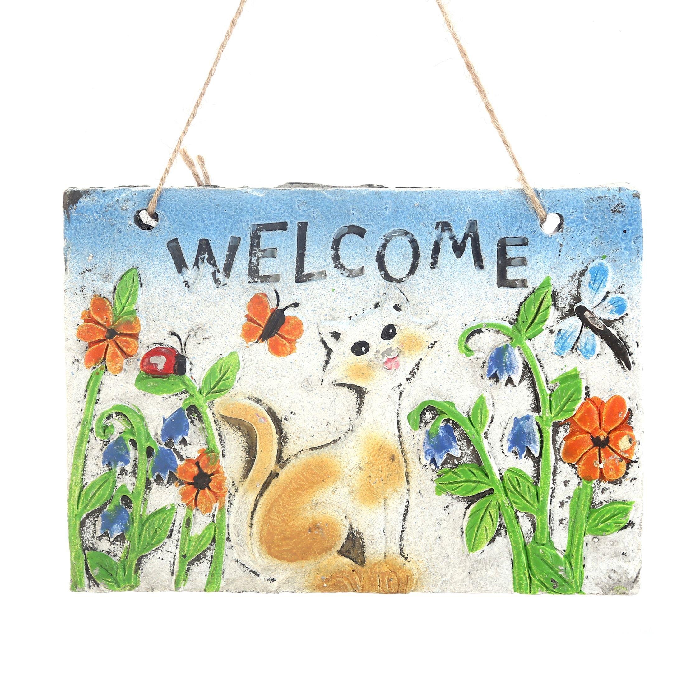 2 Adet Asılabilir Balkon Ve Bahçe Süsü Hoşgeldin Kedili 21X16X1,2Cm Duvar Süsü,Taşı Balkon,Bahçe Ve Oda Dekor  Hoşgeldiniz Tablo,Tabela