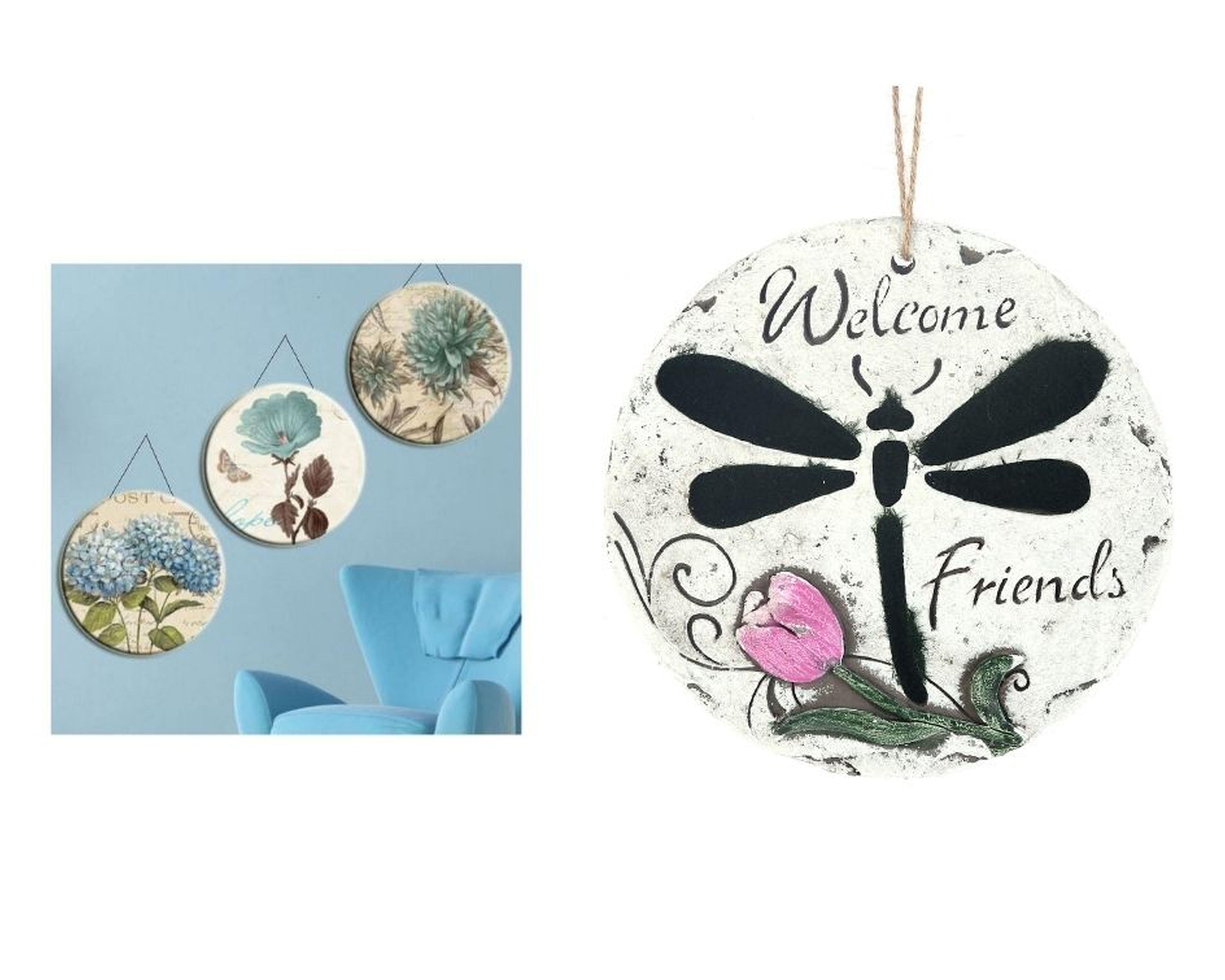 2 Adet Asılabilir Balkon Ve Bahçe Süsü Siyah Yusufçuklu Yuvarlak 15X15X1,1Cm Duvar Süsü,Taşı Balkon,Bahçe Ve Oda Dekor  Hoşgeldiniz Tablo,Tabela