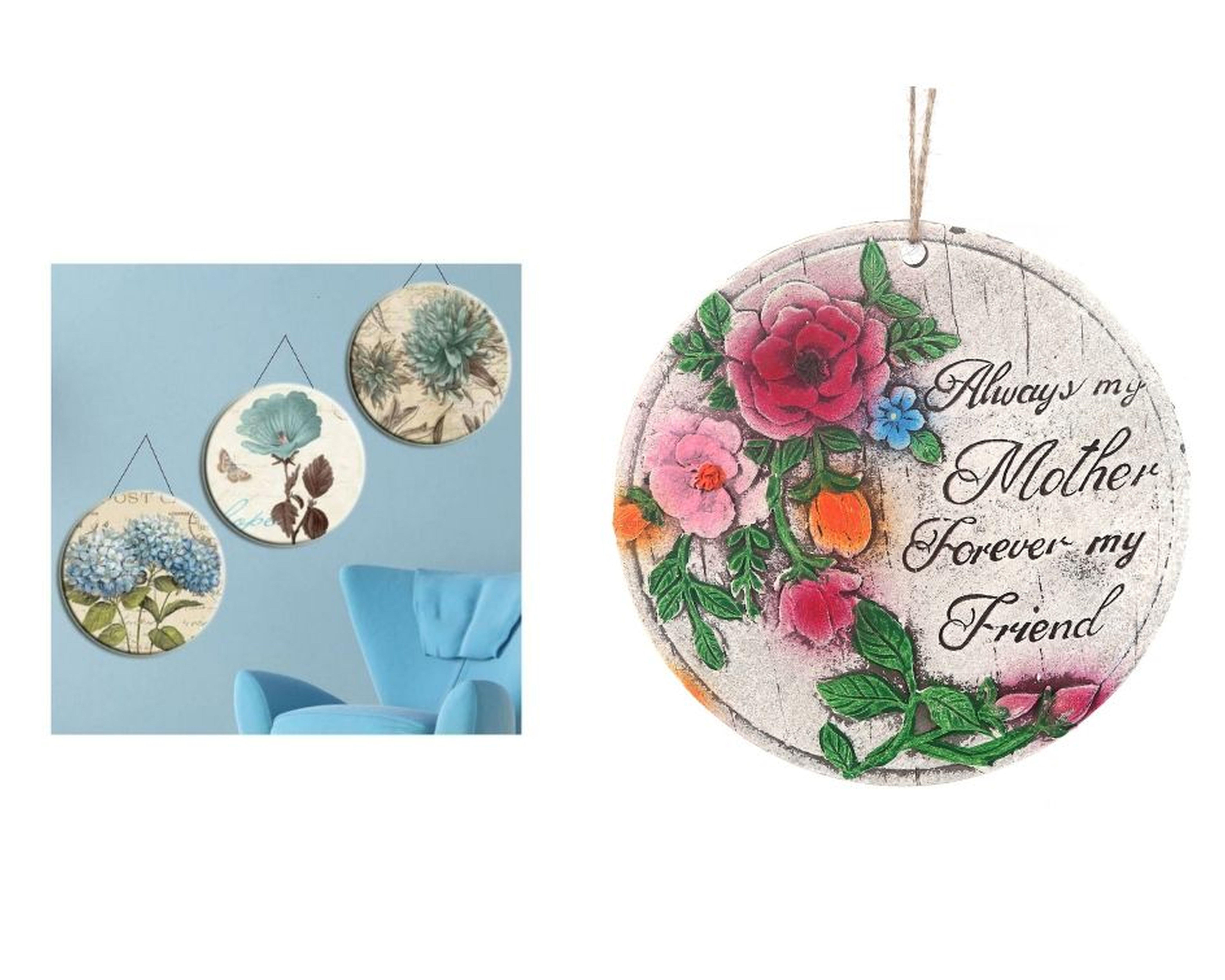 2 Adet Asılabilir Balkon Ve Bahçe Süsü Gullu,Anne Temalı Yuvarlak 15X15X1,1Cm Duvar Süsü,Taşı Balkon,Bahçe Ve Oda Dekor  Hoşgeldiniz Tablo,Tabela