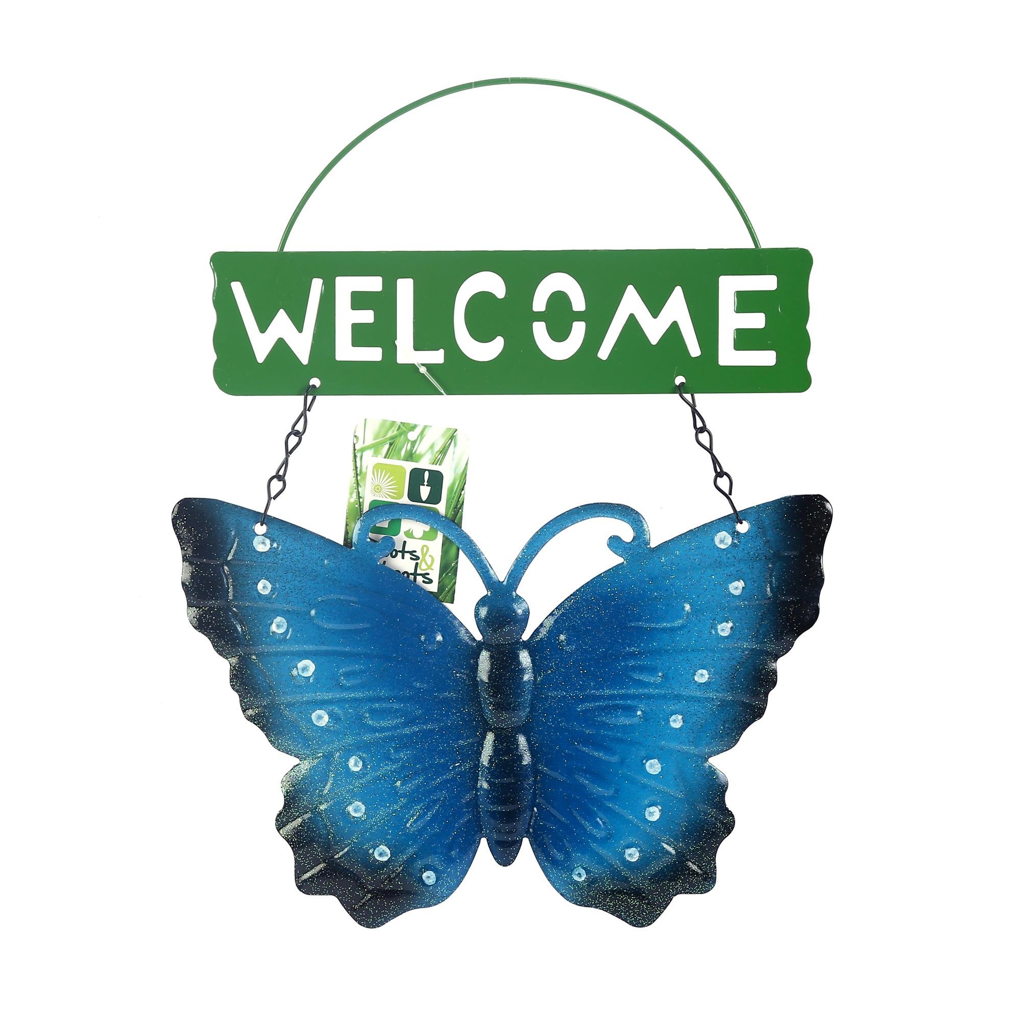 2 Adet Balkon Ve Bahçe Hoşgeldiniz Tabelası Mavi Kelebek 28X20X3Cm