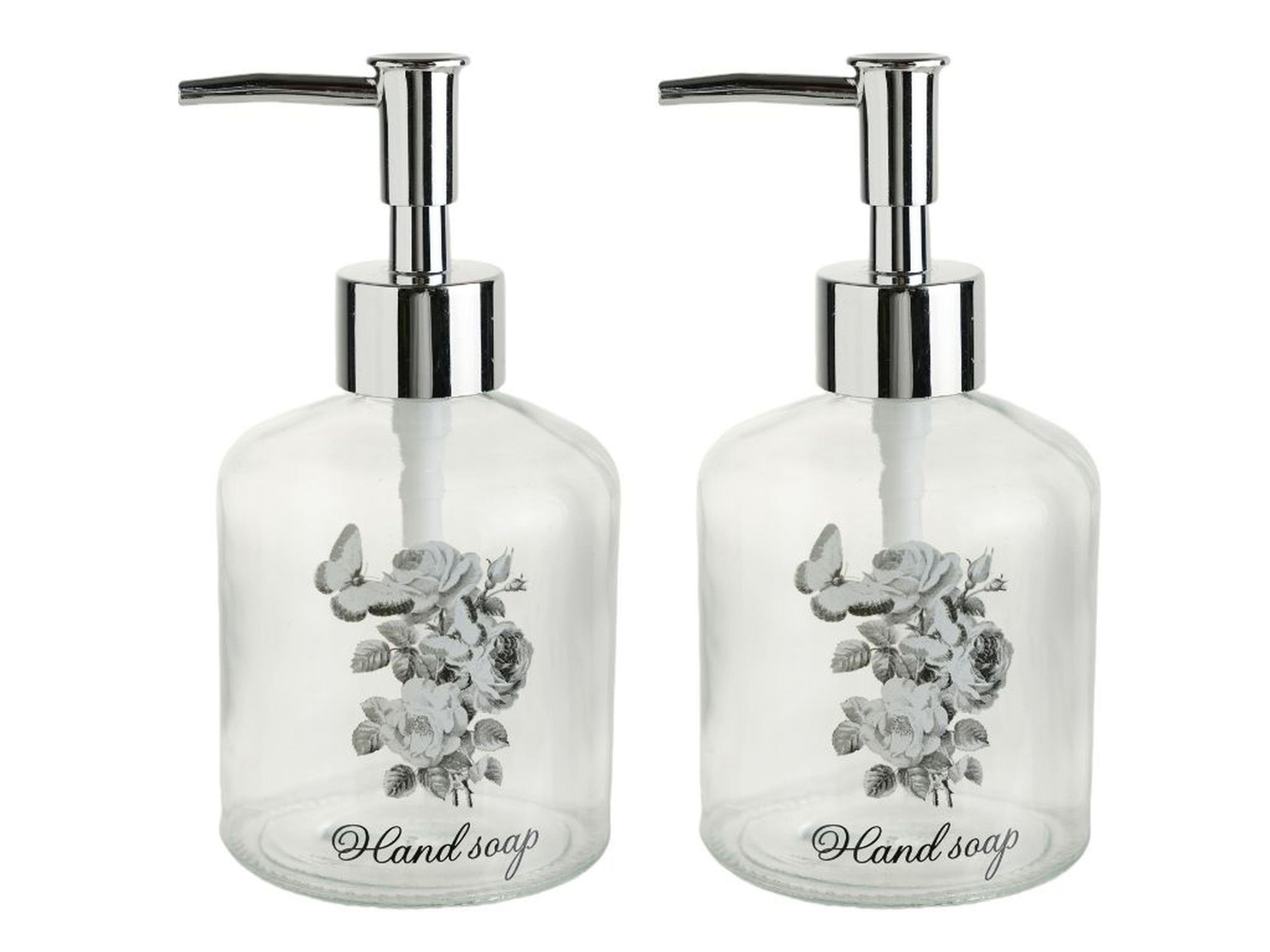 2 Adet Cam Sıvı Sabunluk,Çiçekli 300Ml Banyo Seti  7,6X15,5Cm