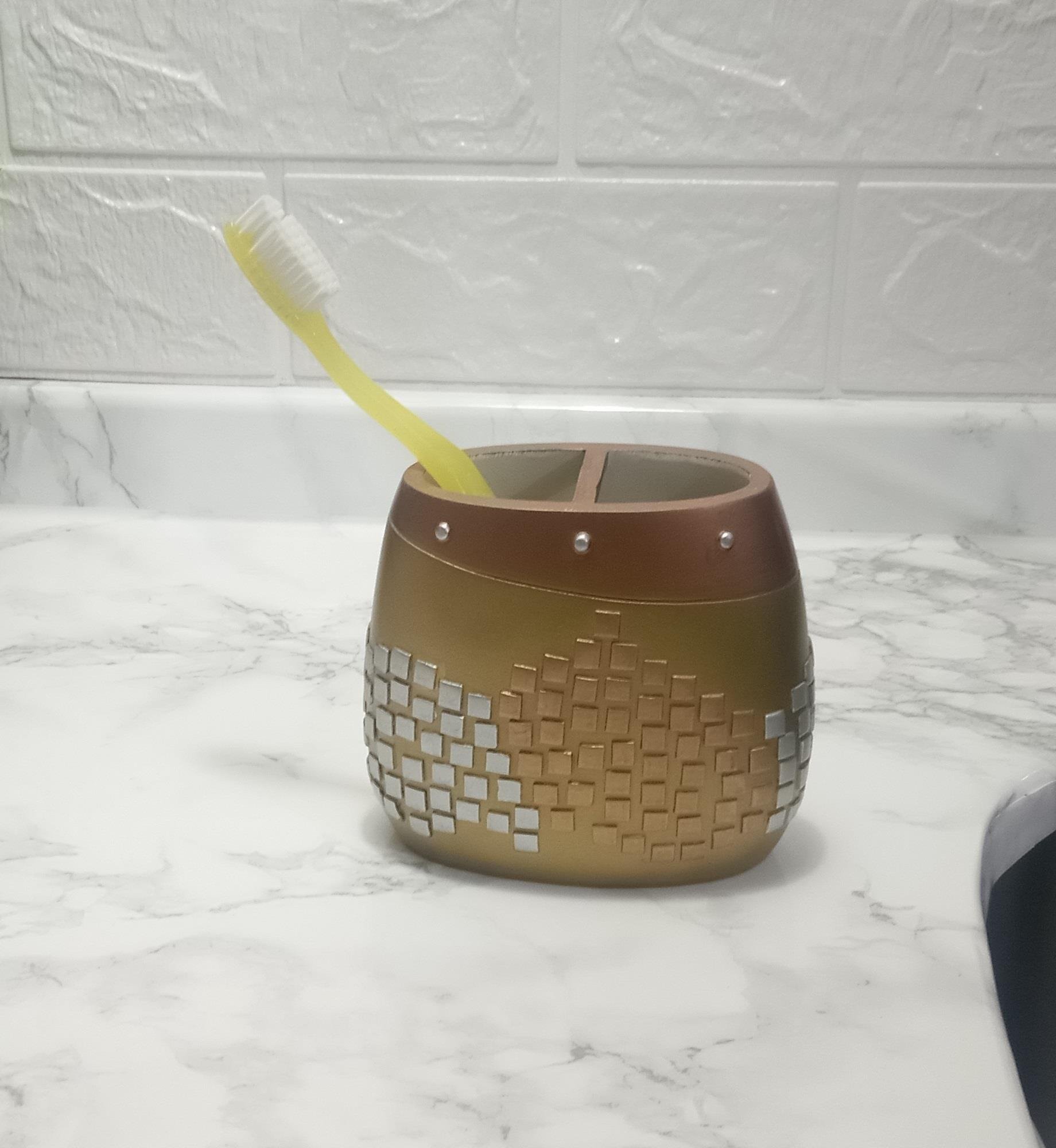 2 Adet Diş Fırçalık Altın Mozaik Poliresin 10X10X5Cm Banyo Seti  