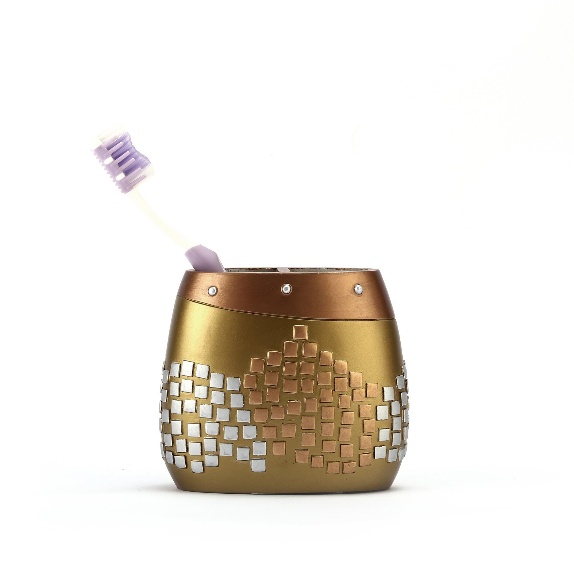 2 Adet Diş Fırçalık Altın Mozaik Poliresin 10X10X5Cm Banyo Seti  