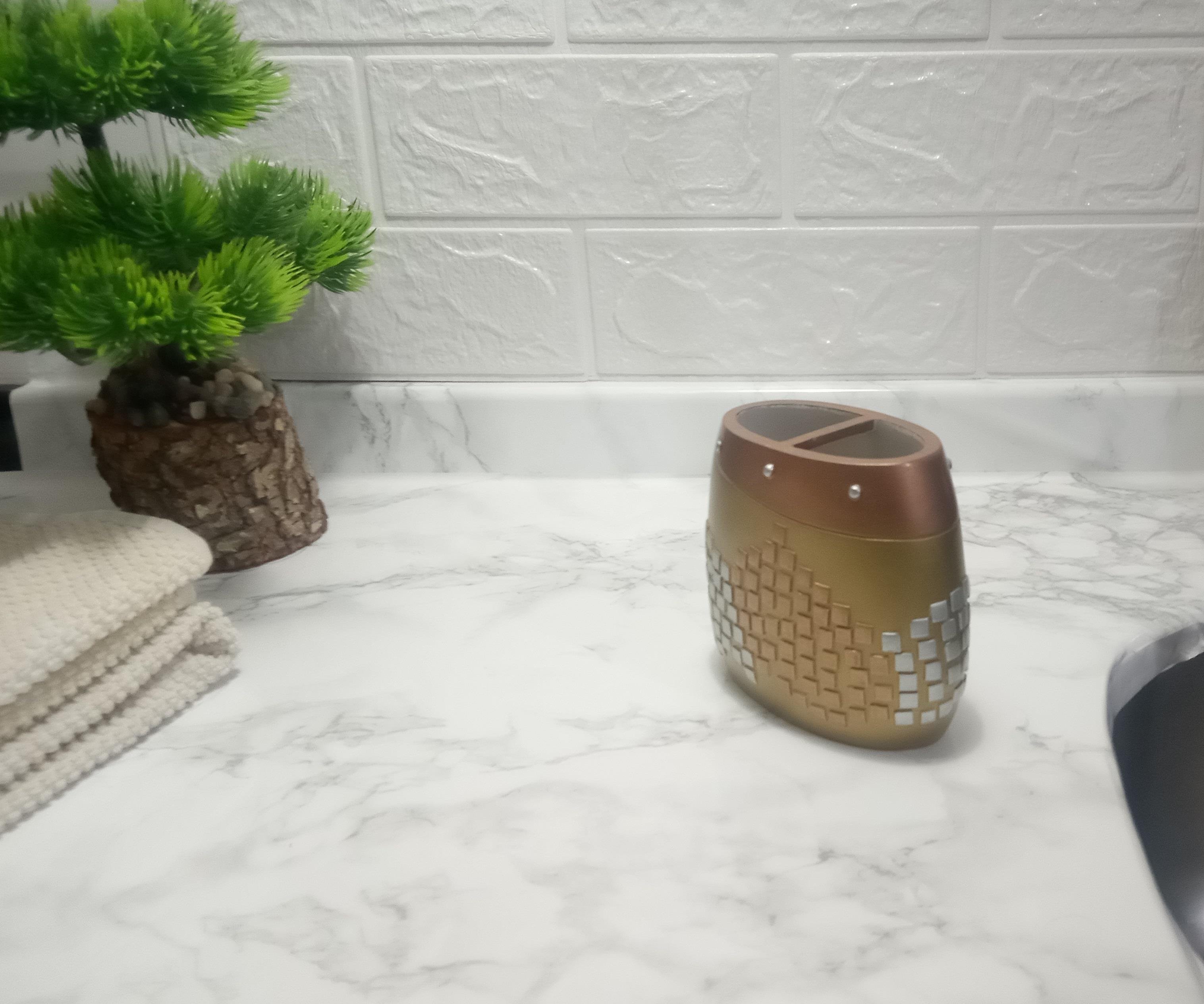 2 Adet Diş Fırçalık Altın Mozaik Poliresin 10X10X5Cm Banyo Seti  