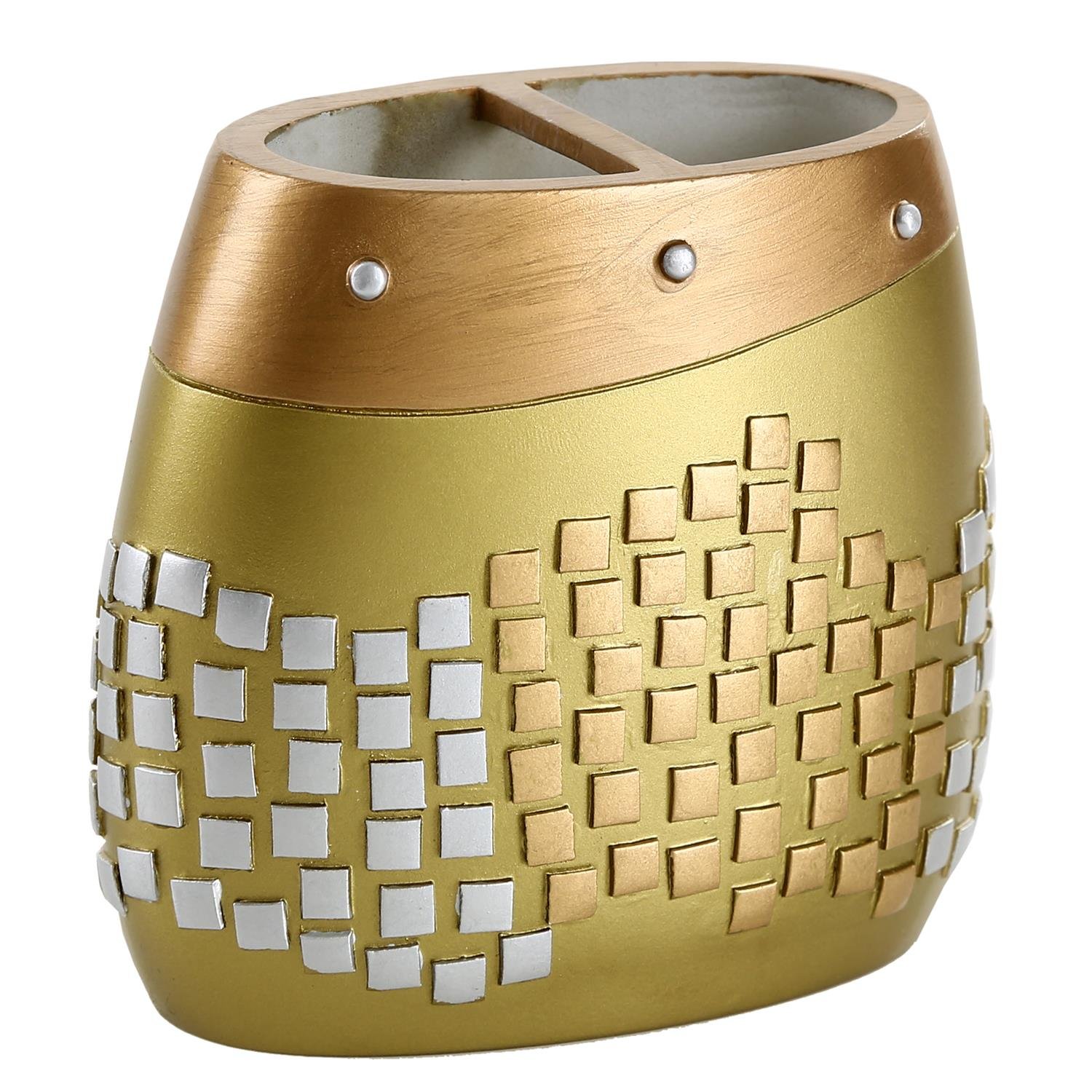 2 Adet Diş Fırçalık Altın Mozaik Poliresin 10X10X5Cm Banyo Seti  