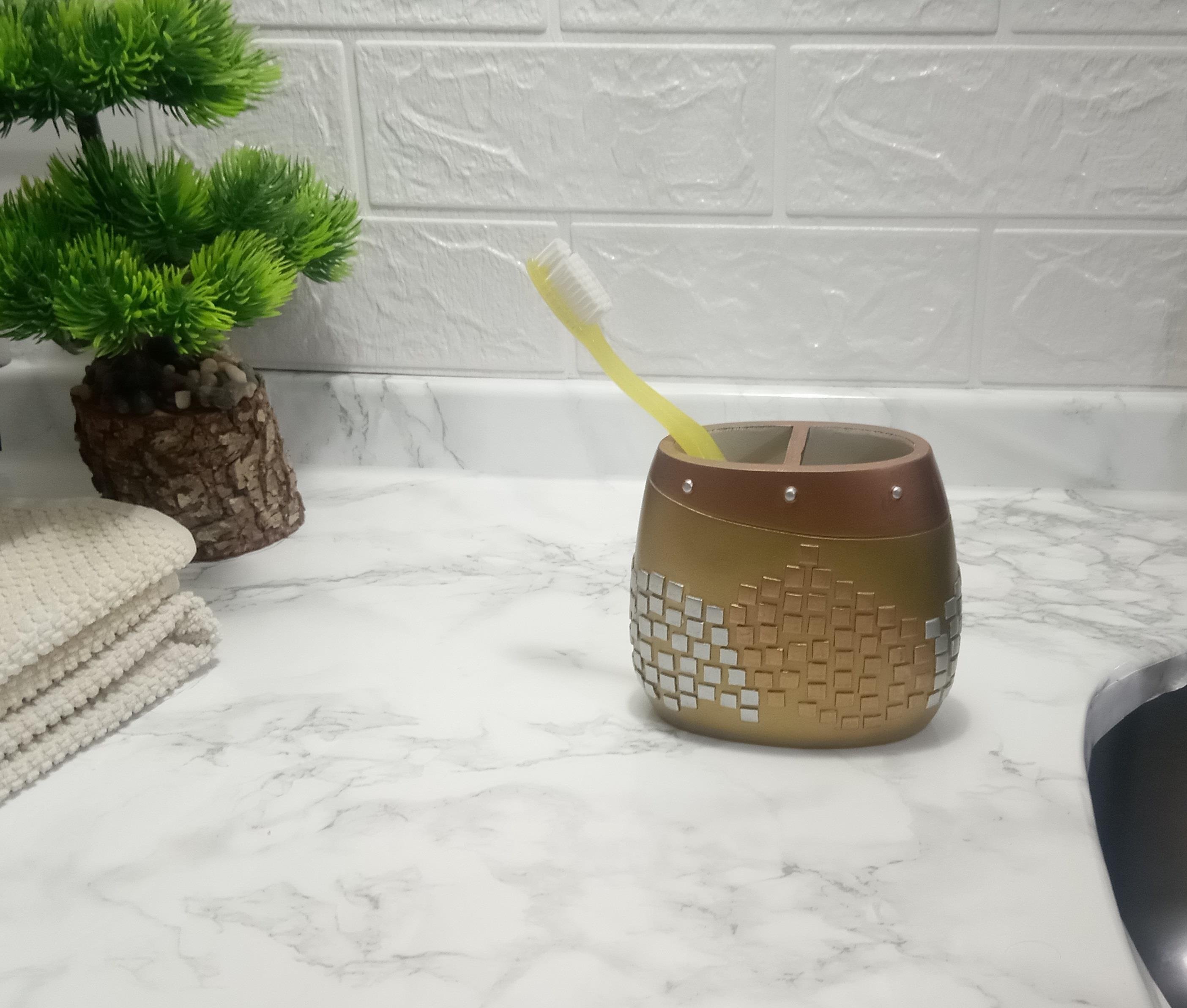 2 Adet Diş Fırçalık Altın Mozaik Poliresin 10X10X5Cm Banyo Seti  