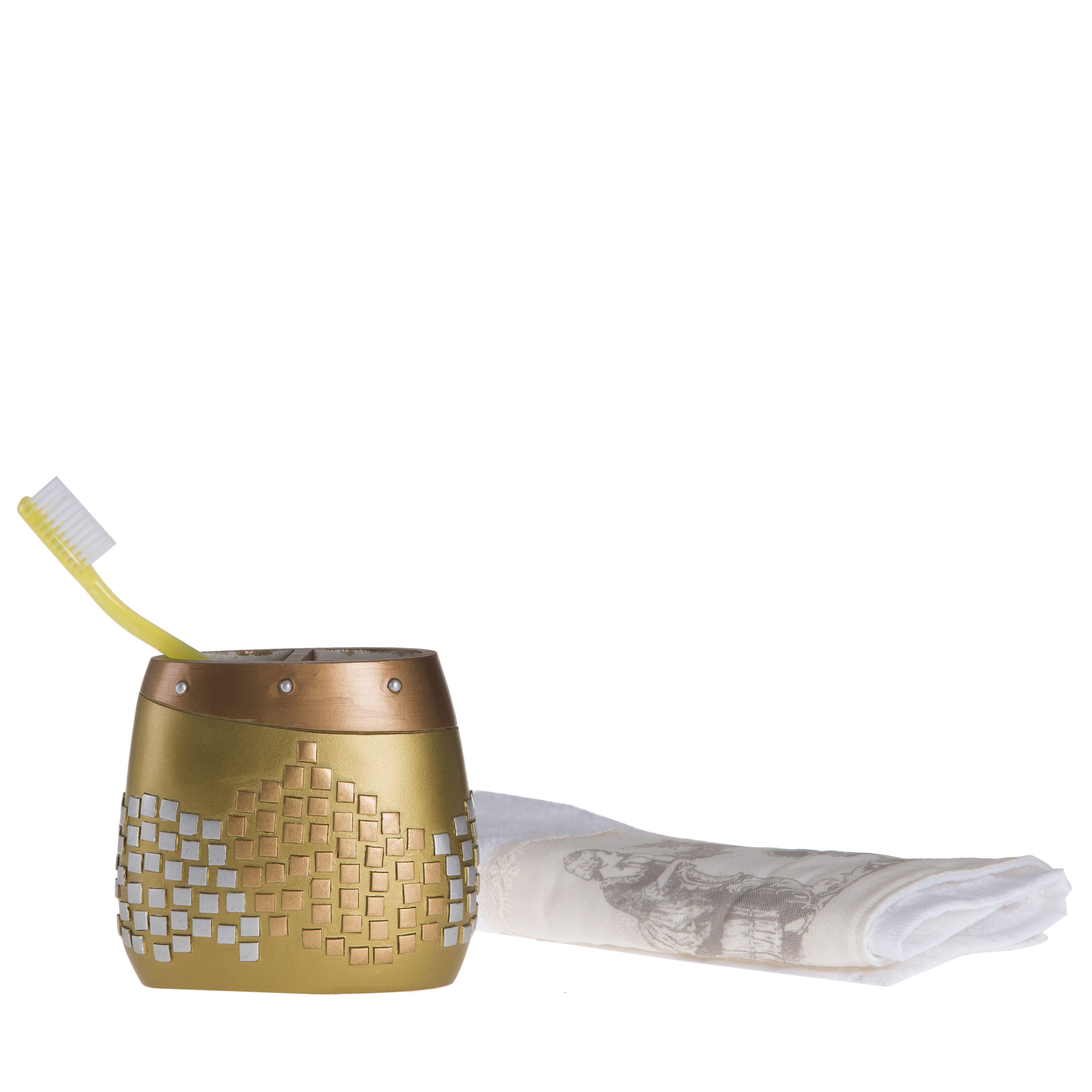 2 Adet Diş Fırçalık Altın Mozaik Poliresin 10X10X5Cm Banyo Seti  