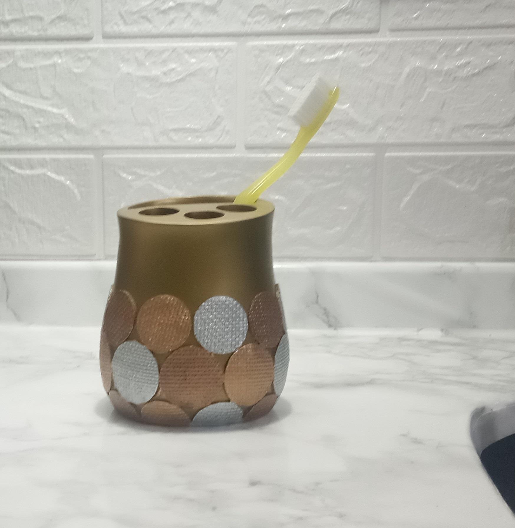 2 Adet Diş Fırçalık Altın Puanlı Poliresin 9X9X10Cm Banyo Seti  