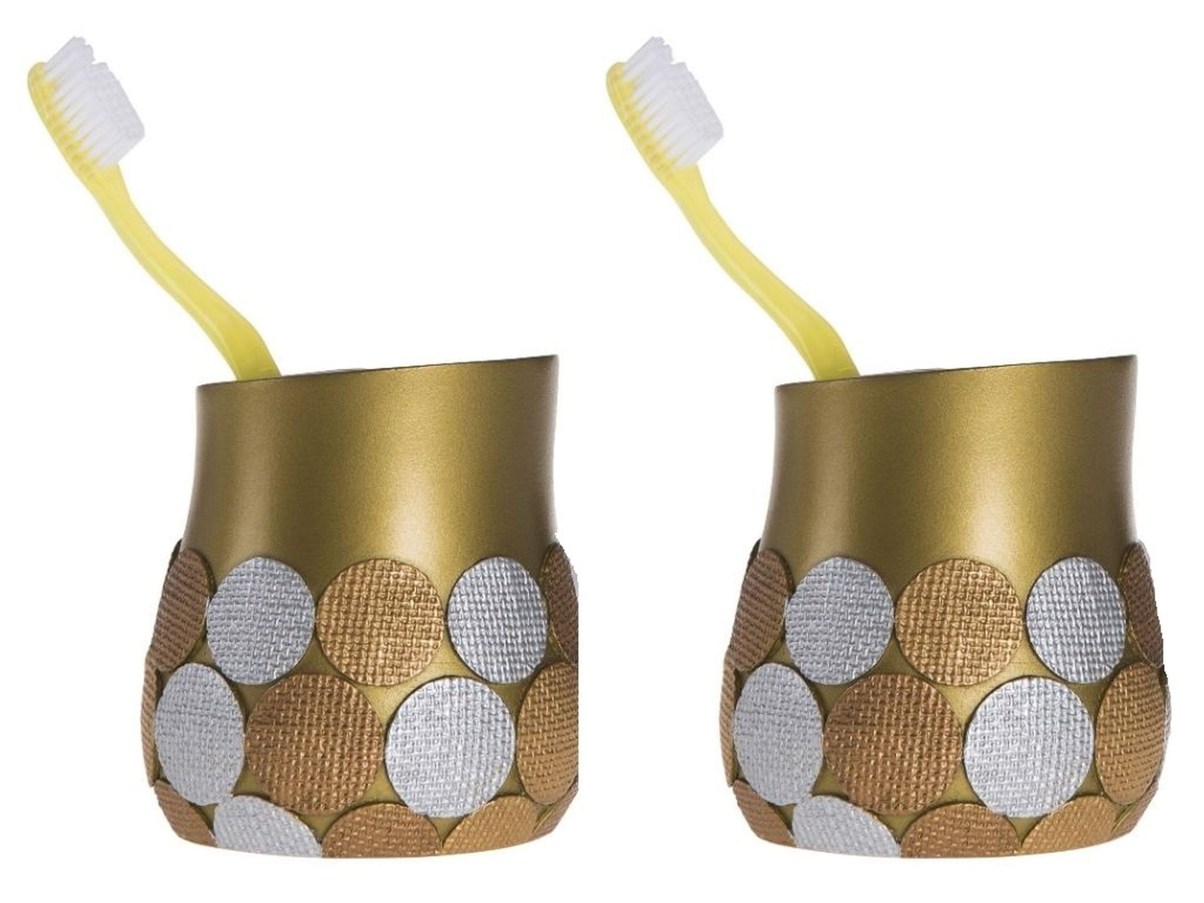 2 Adet Diş Fırçalık Altın Puanlı Poliresin 9X9X10Cm Banyo Seti  