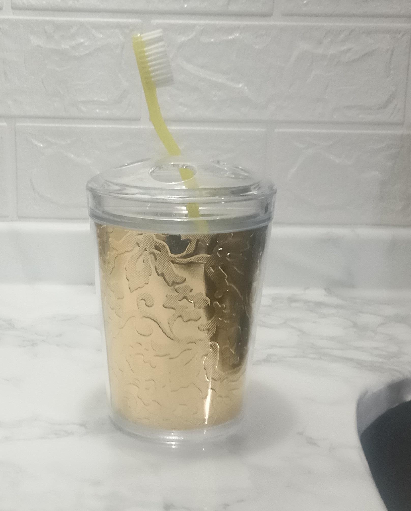 2 Adet Diş Fırçalık Altın Yaprak Akrilik  9X9X12Cm Banyo Seti  