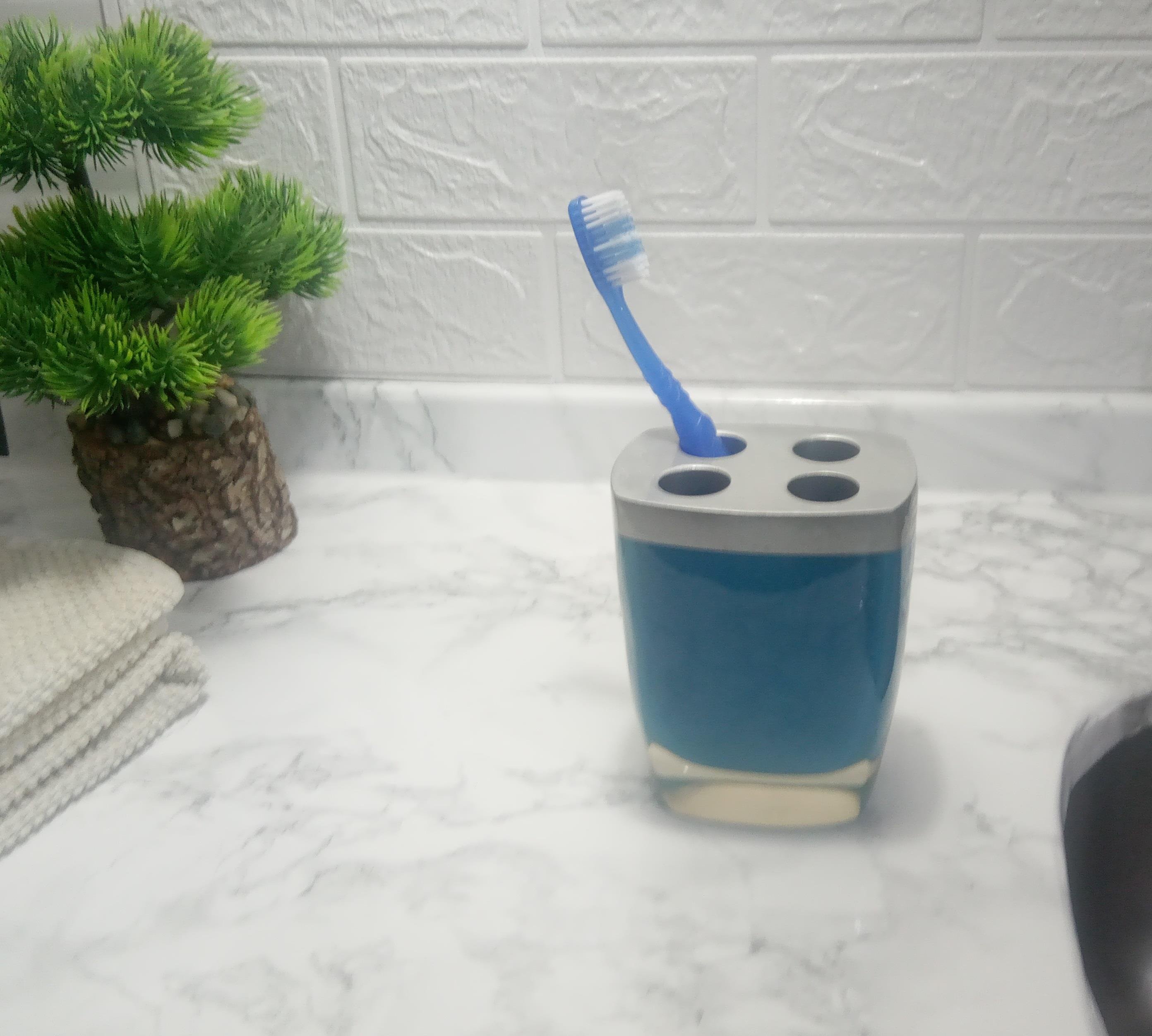 2 Adet Diş Fırçalık Gri Mavi Poliresin 8X4X11Cm Banyo Seti  