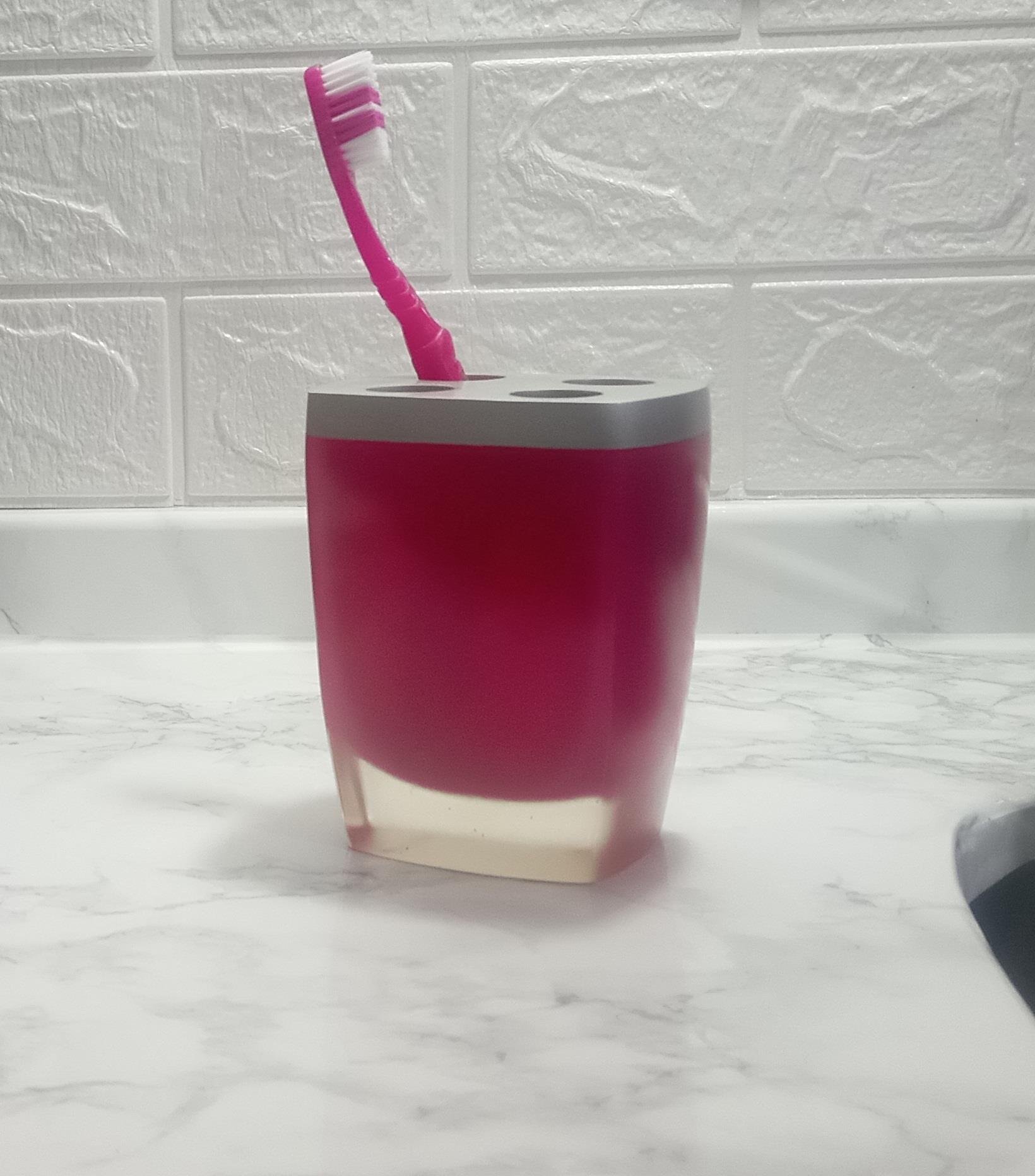 2 Adet Diş Fırçalık Gri Pembe Poliresin 8X4X11Cm Banyo Seti  