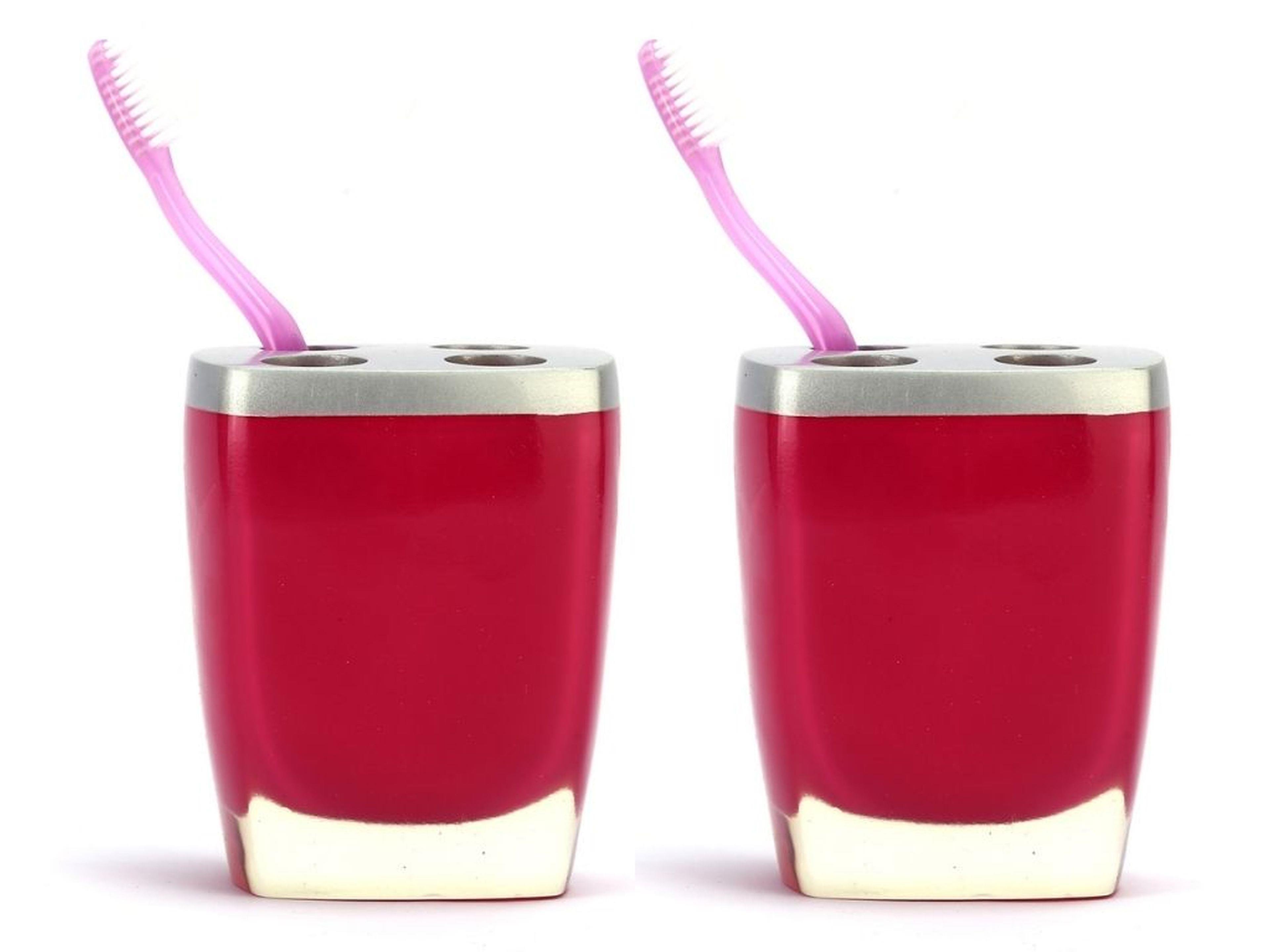 2 Adet Diş Fırçalık Gri Pembe Poliresin 8X4X11Cm Banyo Seti  