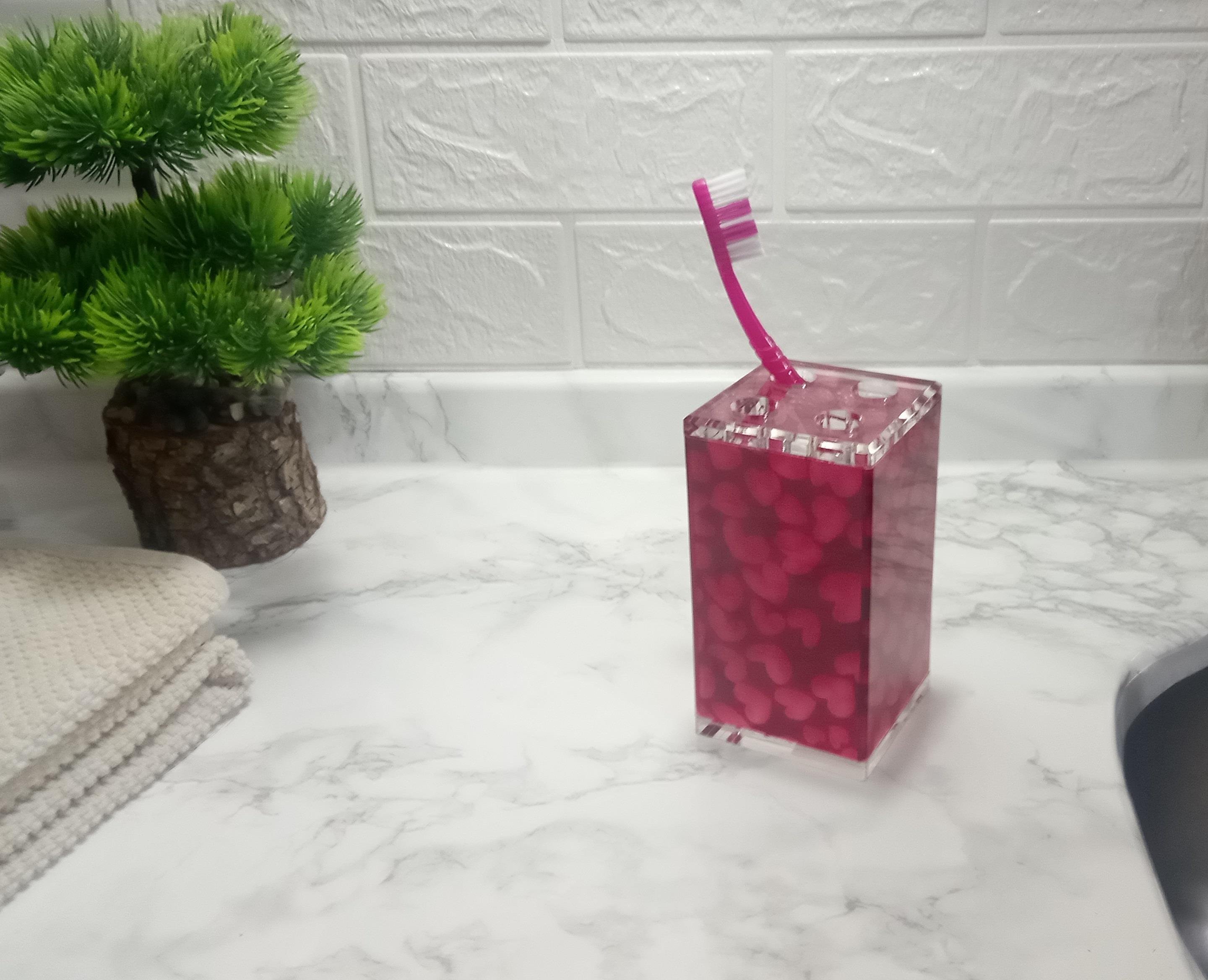 2 Adet Diş Fırçalık Kalpli Akrilik 6X6X12Cm Banyo Seti  