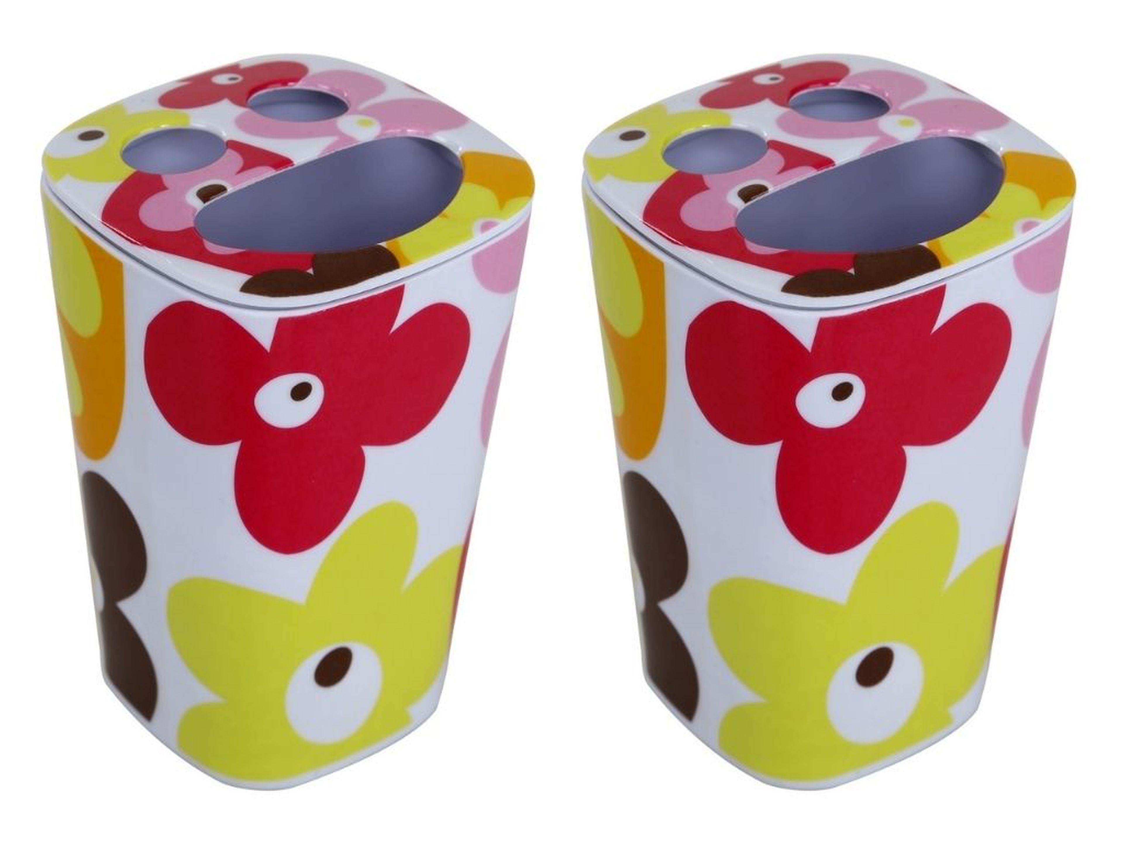 2 Adet Diş Fırçalık Kırmızı Papatya Melamin 7X7X11Cm Banyo Seti  