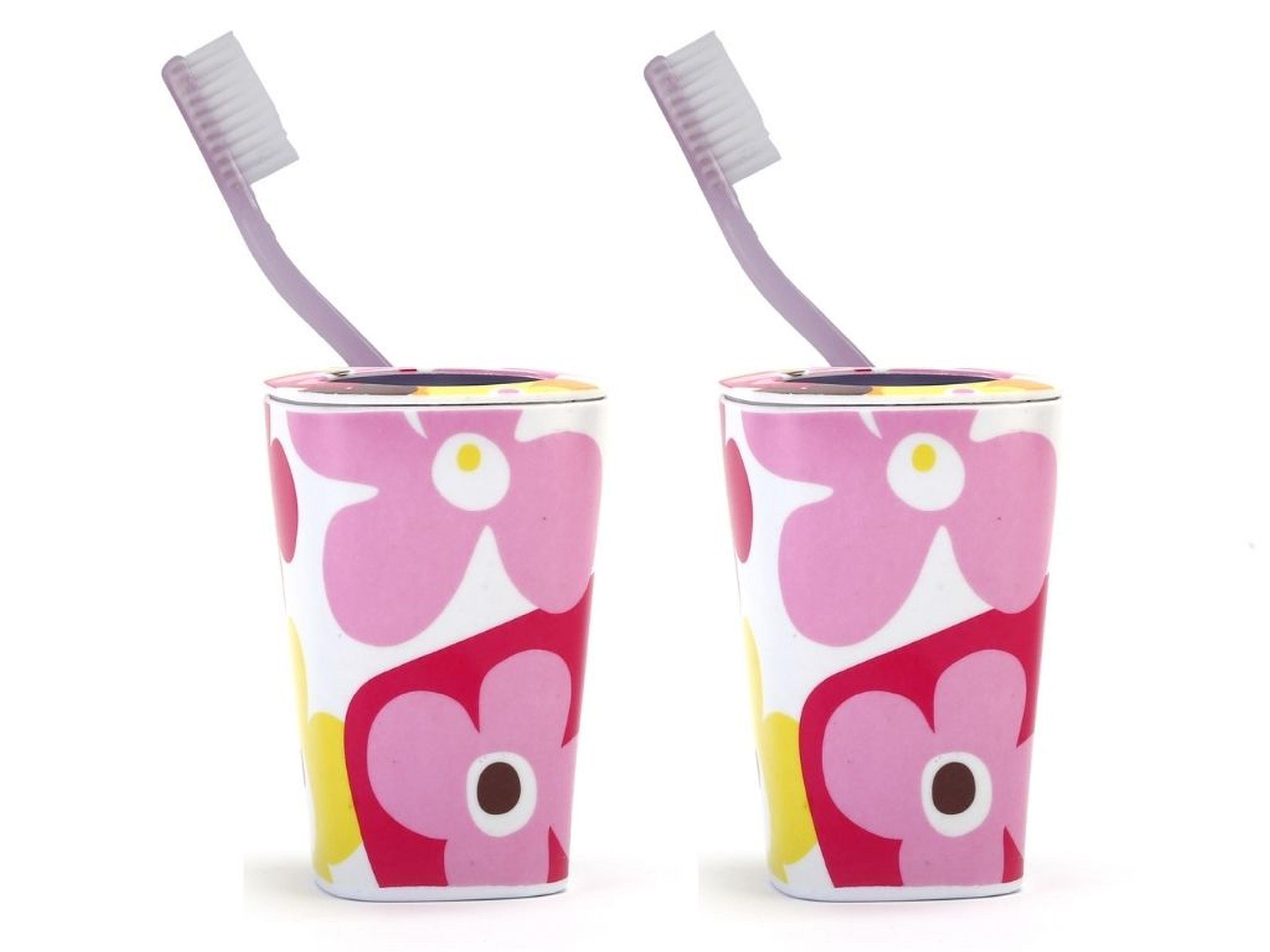 2 Adet Diş Fırçalık Kırmızı Papatya Melamin 7X7X11Cm Banyo Seti  