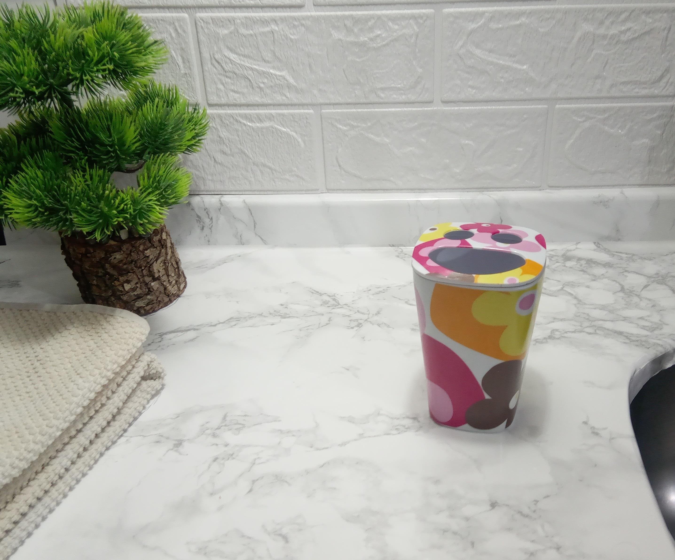 2 Adet Diş Fırçalık Kırmızı Papatya Melamin 7X7X11Cm Banyo Seti  