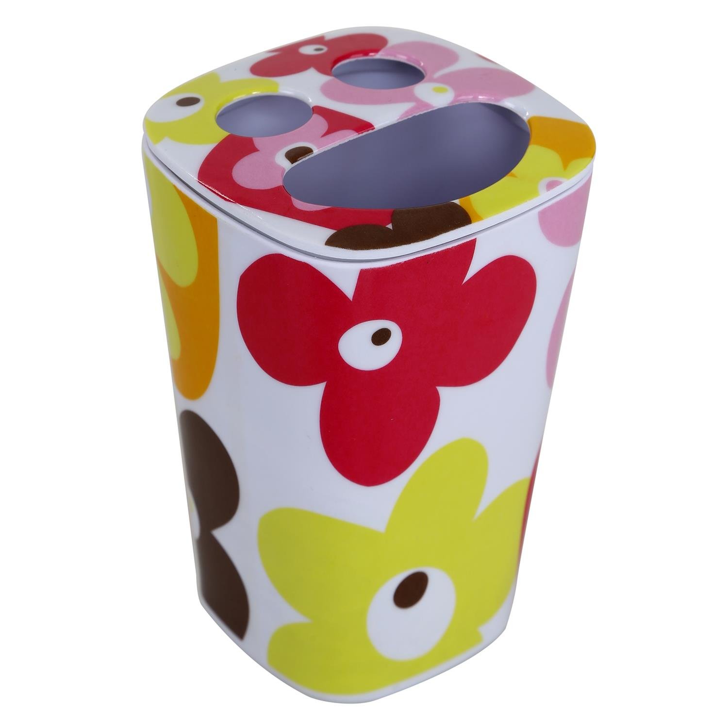 2 Adet Diş Fırçalık Kırmızı Papatya Melamin 7X7X11Cm Banyo Seti  