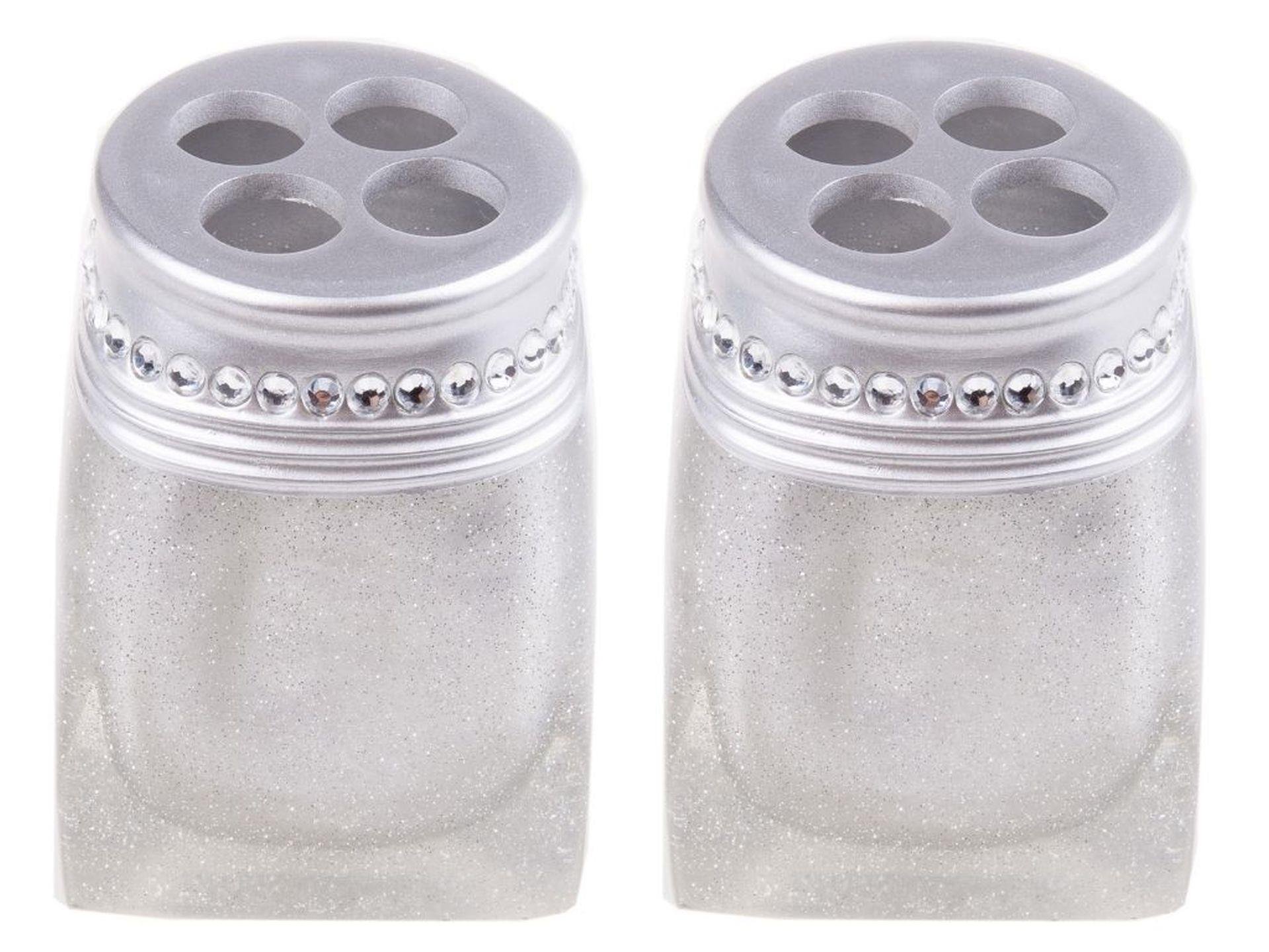 2 Adet Diş Fırçalık Kristal Taşlı Gümüş Poliresin 7X7X10Cm Banyo Seti  