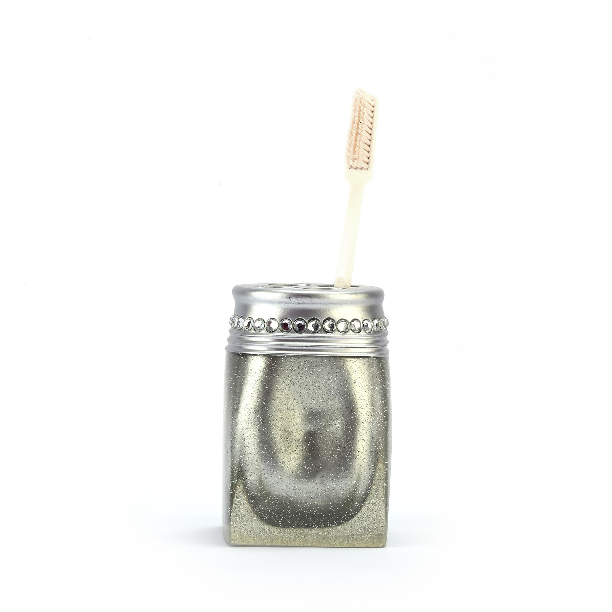 2 Adet Diş Fırçalık Kristal Taşlı Gümüş Poliresin 7X7X10Cm Banyo Seti  