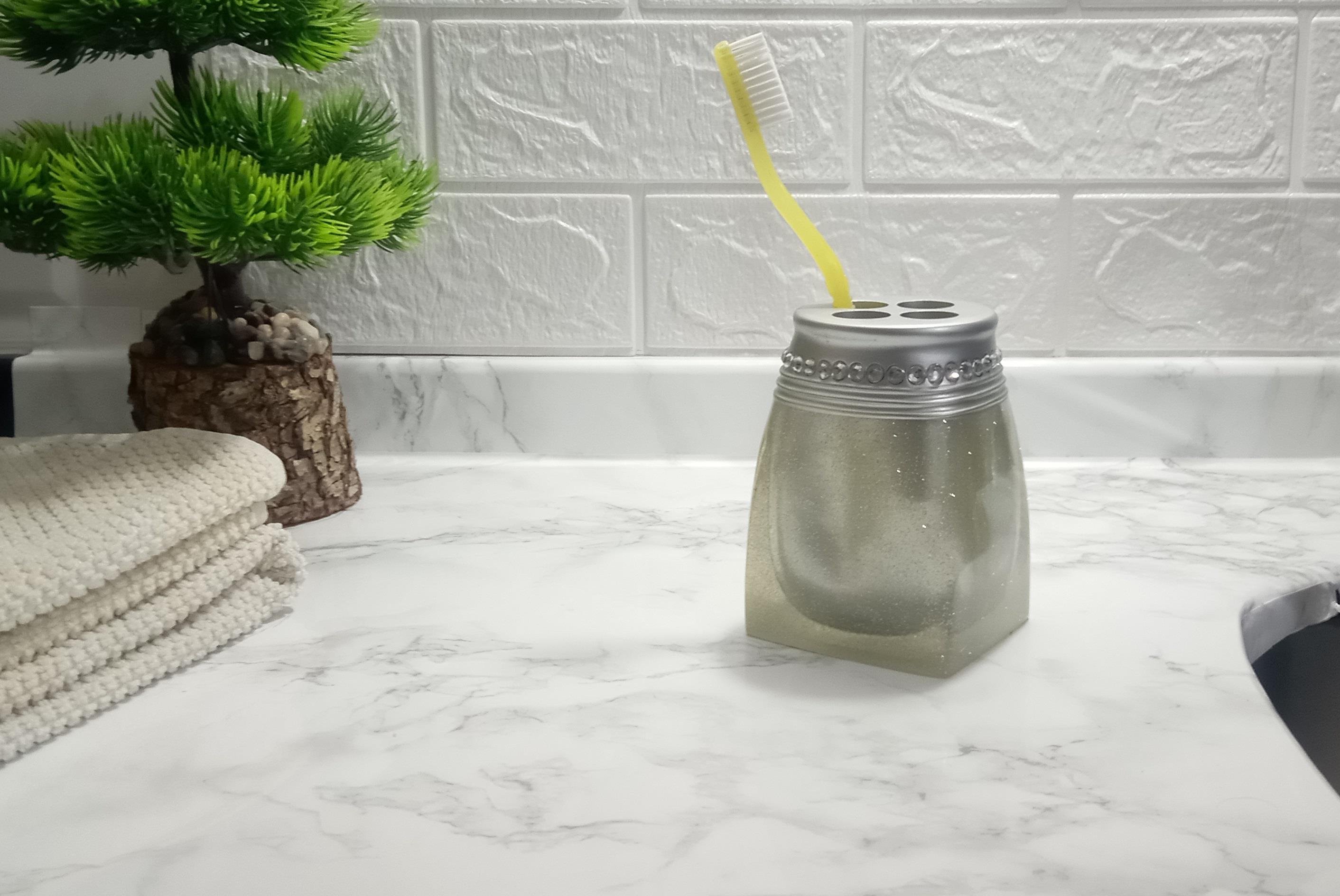 2 Adet Diş Fırçalık Kristal Taşlı Gümüş Poliresin 7X7X10Cm Banyo Seti  