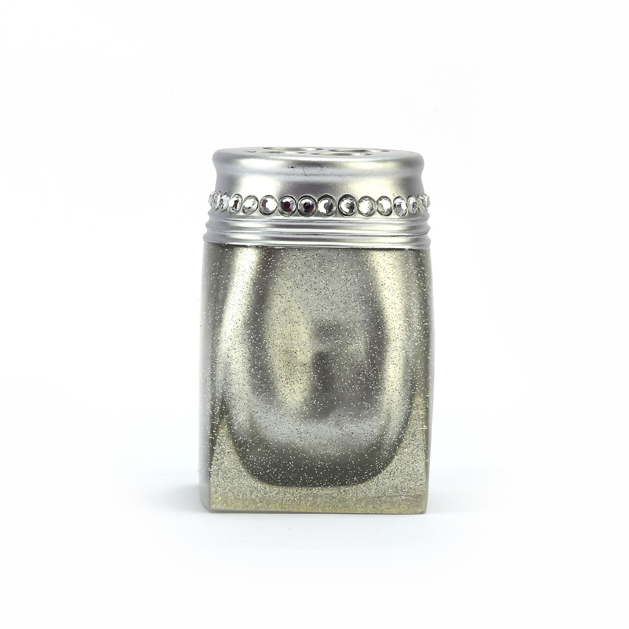 2 Adet Diş Fırçalık Kristal Taşlı Gümüş Poliresin 7X7X10Cm Banyo Seti  