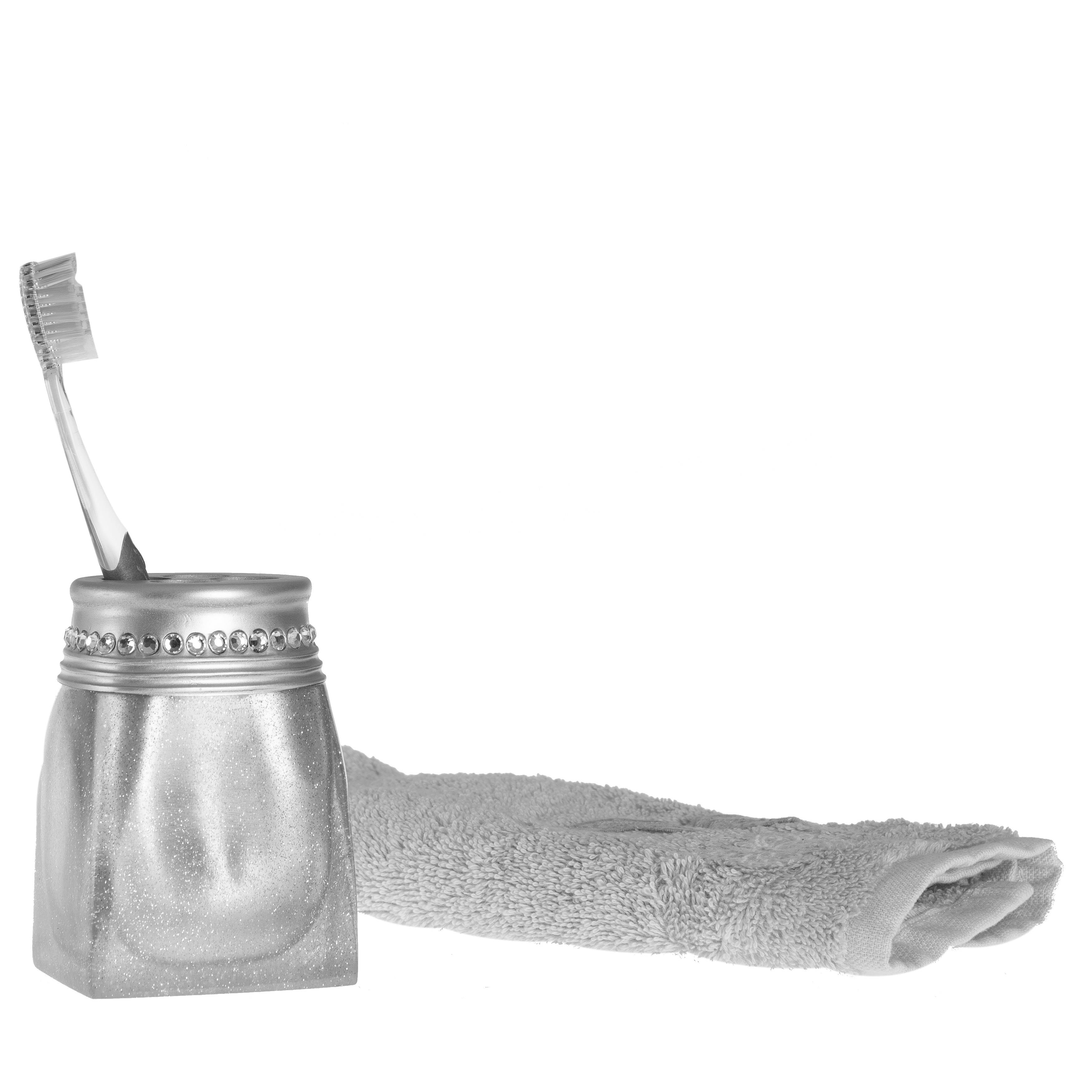 2 Adet Diş Fırçalık Kristal Taşlı Gümüş Poliresin 7X7X10Cm Banyo Seti  