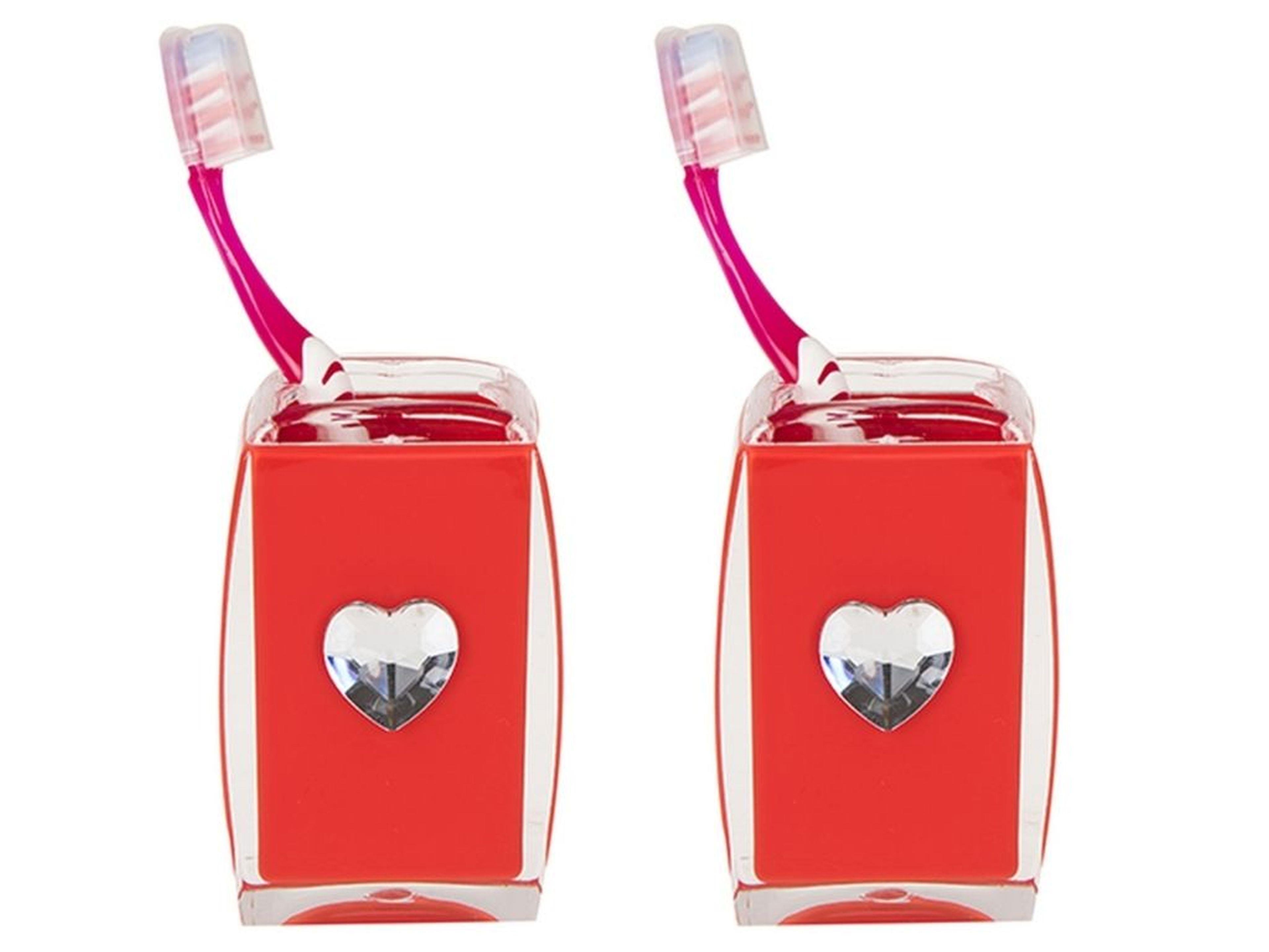 2 Adet Diş Fırçalık Kristal Taşlı Kırmızı Kalpli Akrilik 6X6X11Cm Banyo Seti  