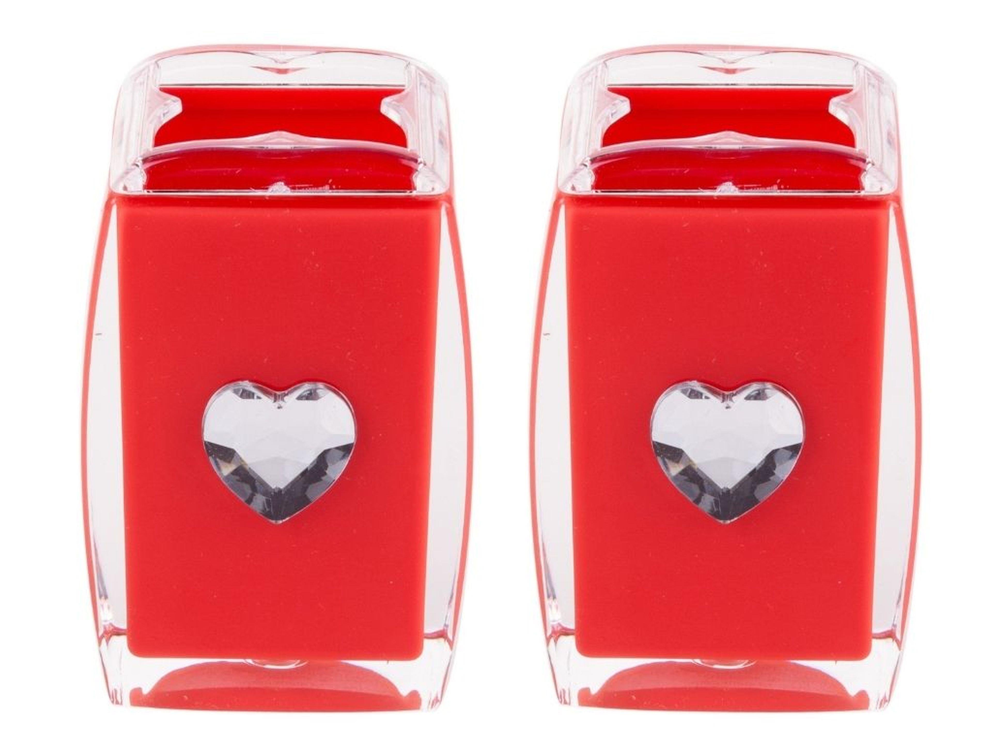 2 Adet Diş Fırçalık Kristal Taşlı Kırmızı Kalpli Akrilik 6X6X11Cm Banyo Seti  