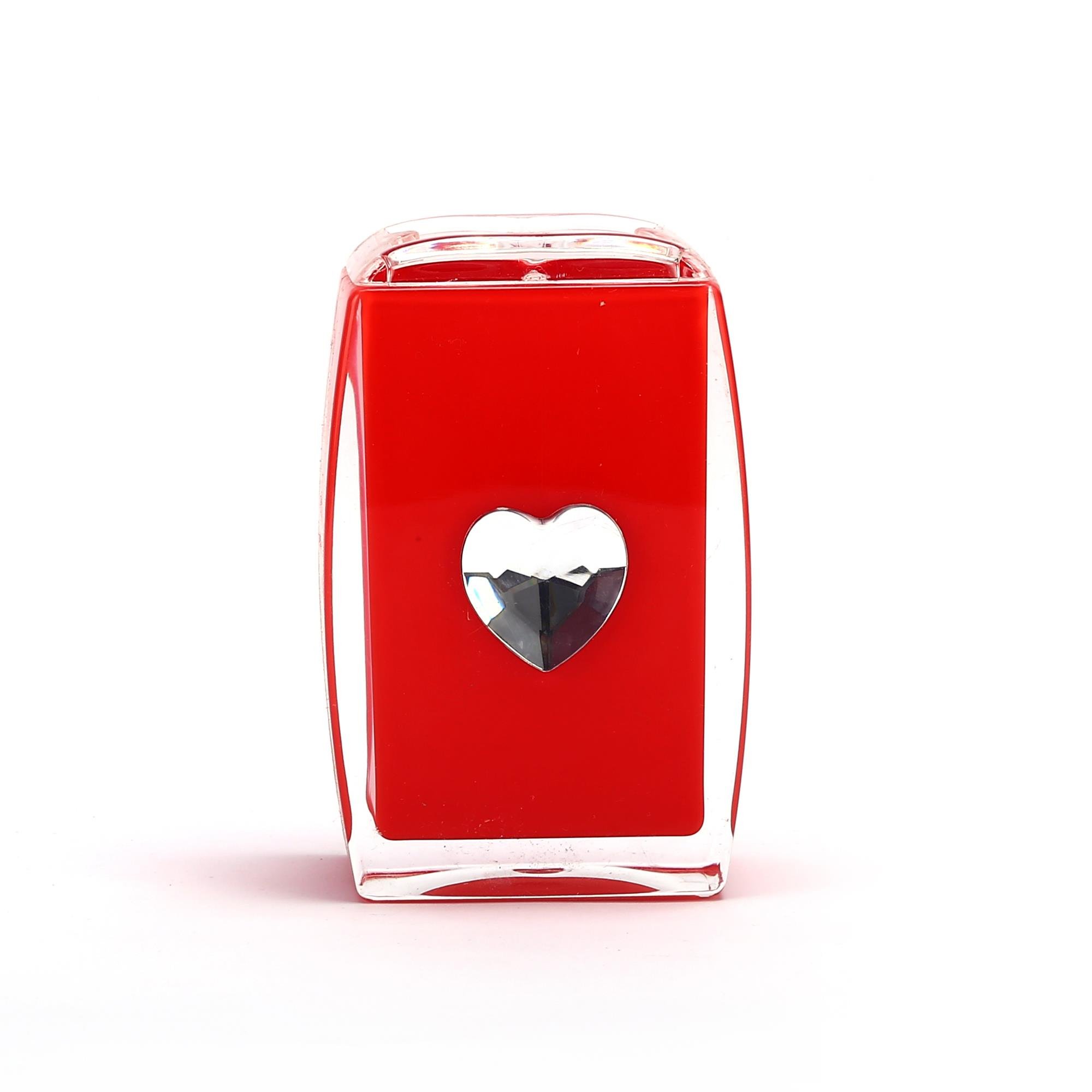 2 Adet Diş Fırçalık Kristal Taşlı Kırmızı Kalpli Akrilik 6X6X11Cm Banyo Seti  