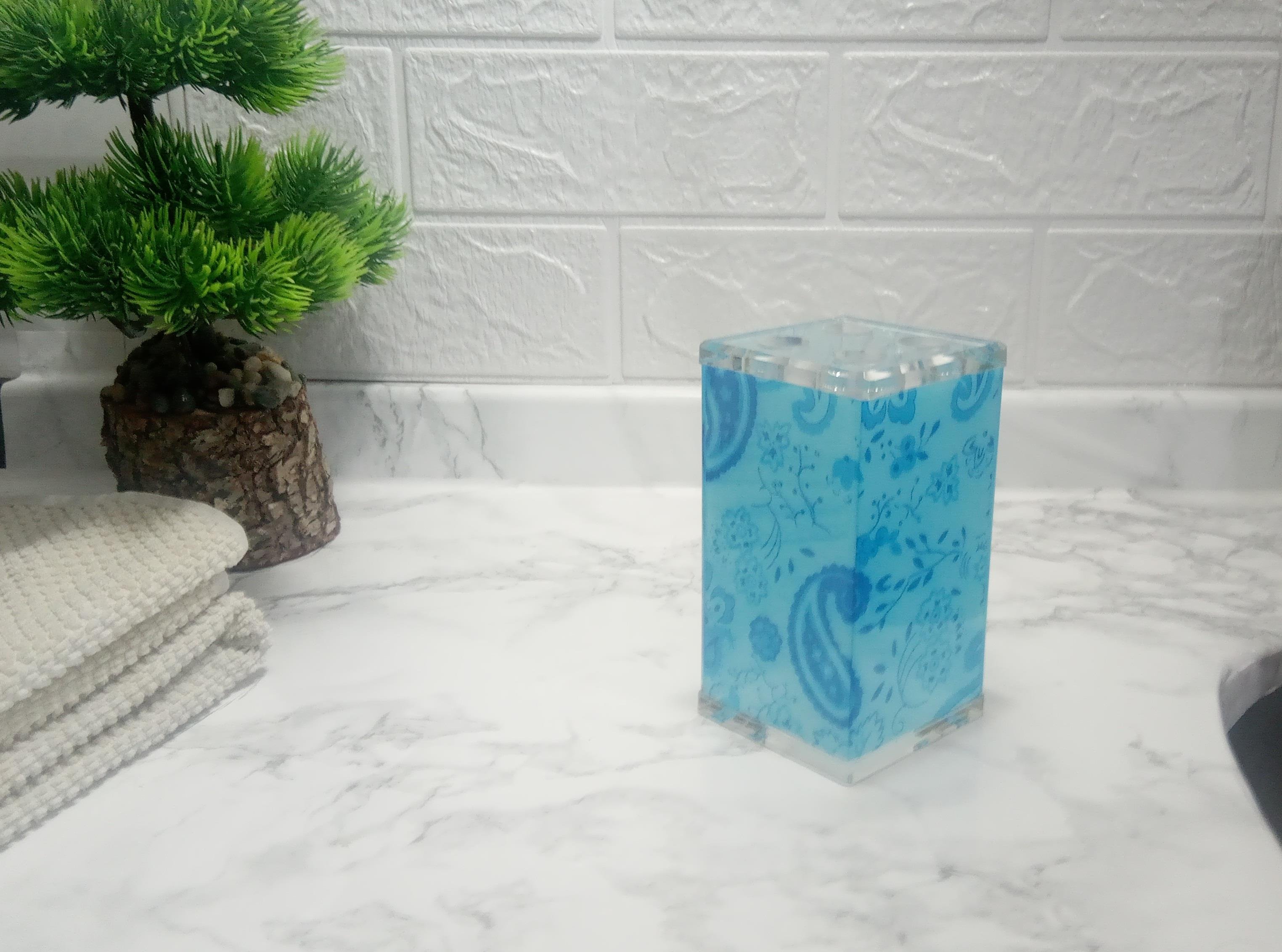 2 Adet Diş Fırçalık Mavi Çiçekli Akrilik 6X6X12Cm Banyo Seti  