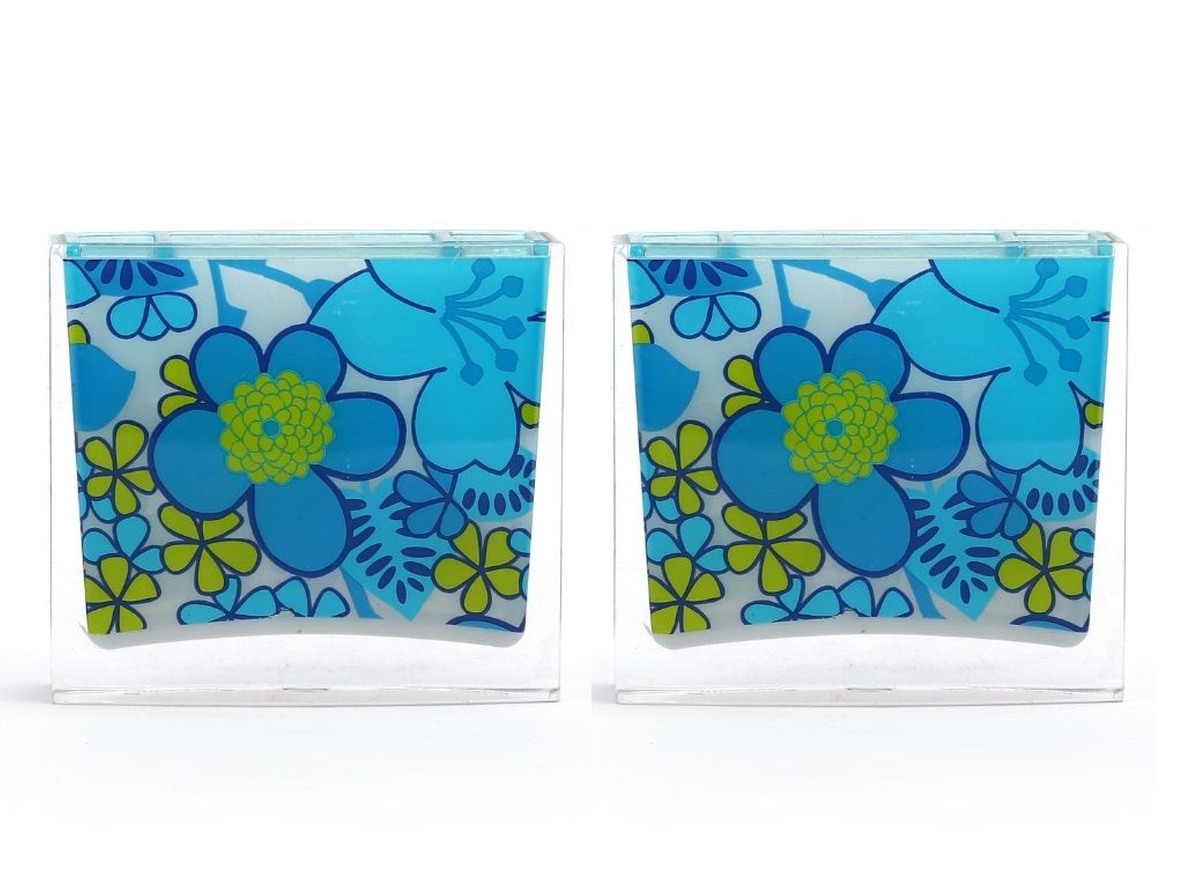 2 Adet Diş Fırçalık Mavi Çiçekli Akrilik 10X10X3Cm Banyo Seti  