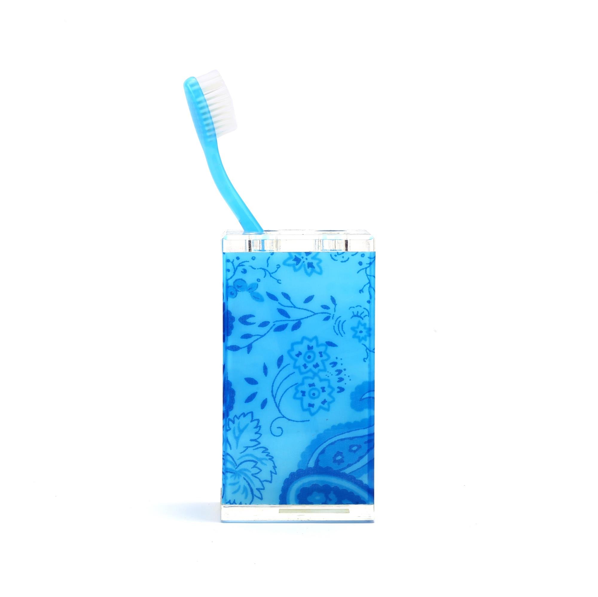 2 Adet Diş Fırçalık Mavi Çiçekli Akrilik 6X6X12Cm Banyo Seti  