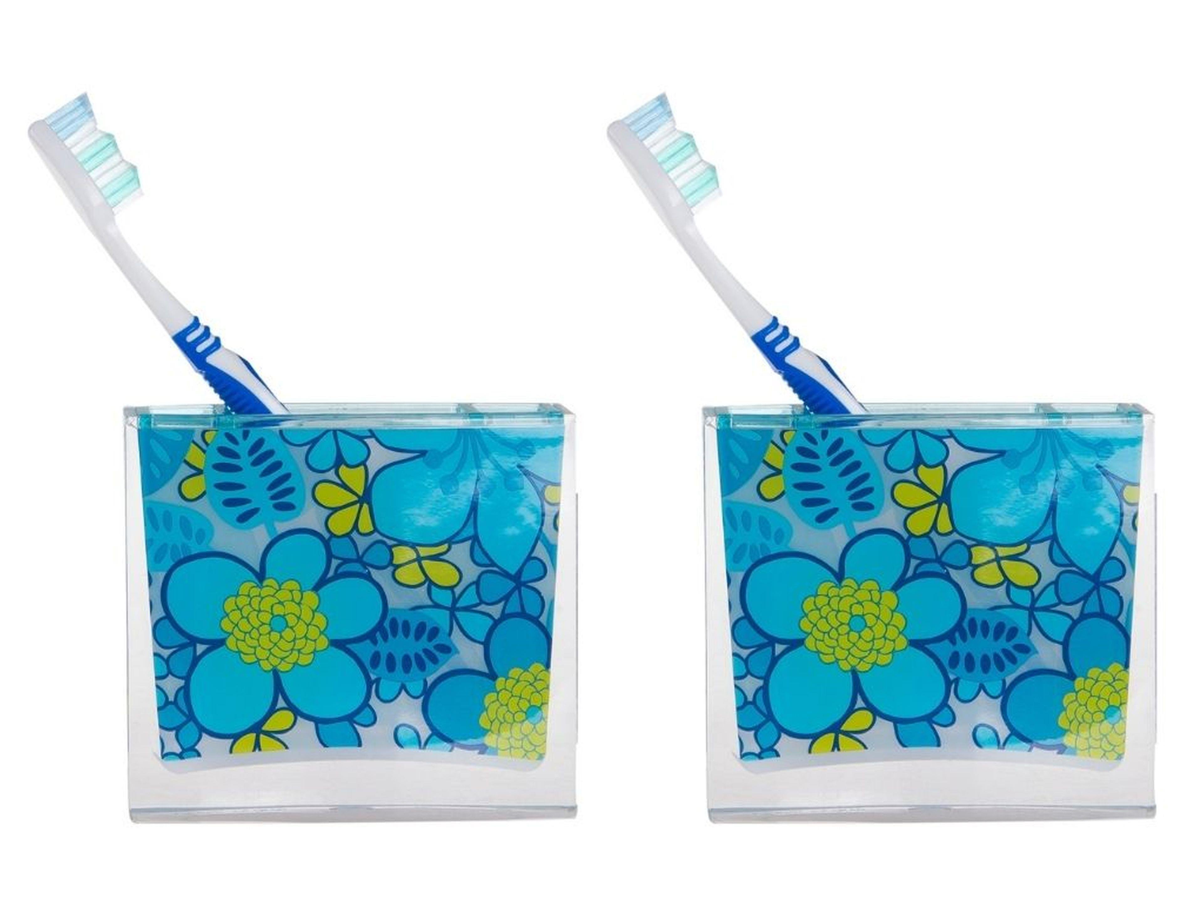 2 Adet Diş Fırçalık Mavi Çiçekli Akrilik 10X10X3Cm Banyo Seti  