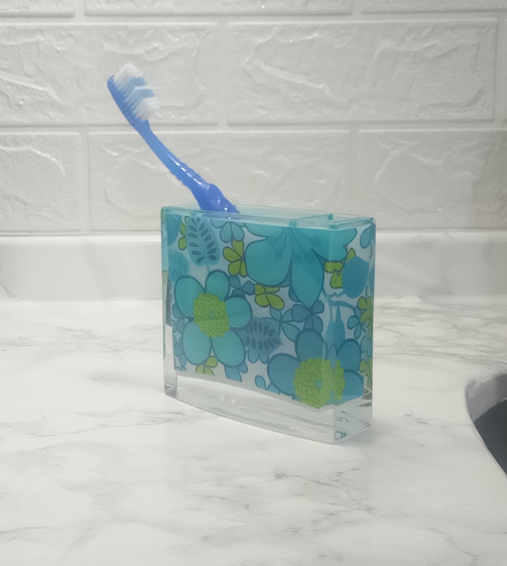 2 Adet Diş Fırçalık Mavi Çiçekli Akrilik 10X10X3Cm Banyo Seti  