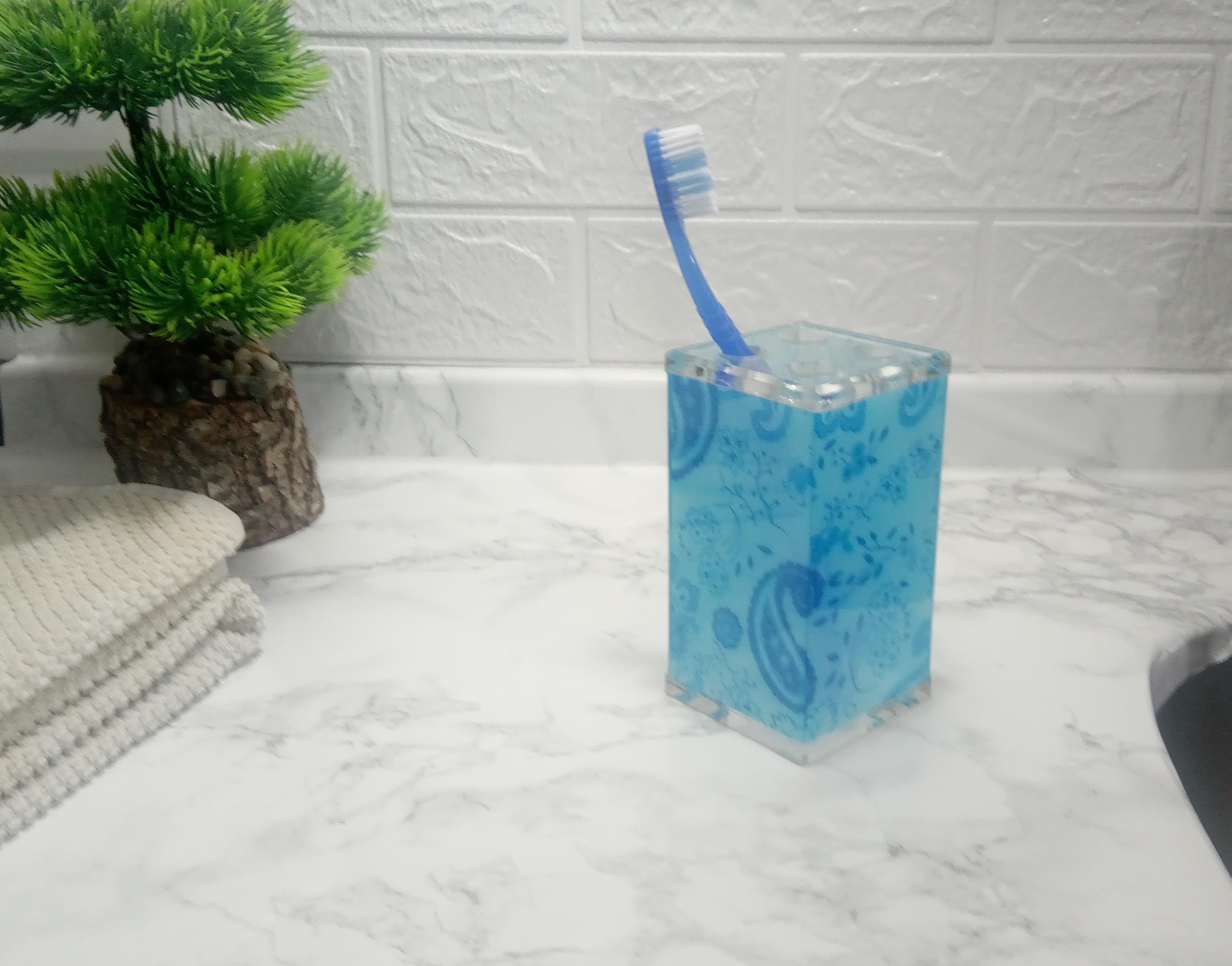 2 Adet Diş Fırçalık Mavi Çiçekli Akrilik 6X6X12Cm Banyo Seti  