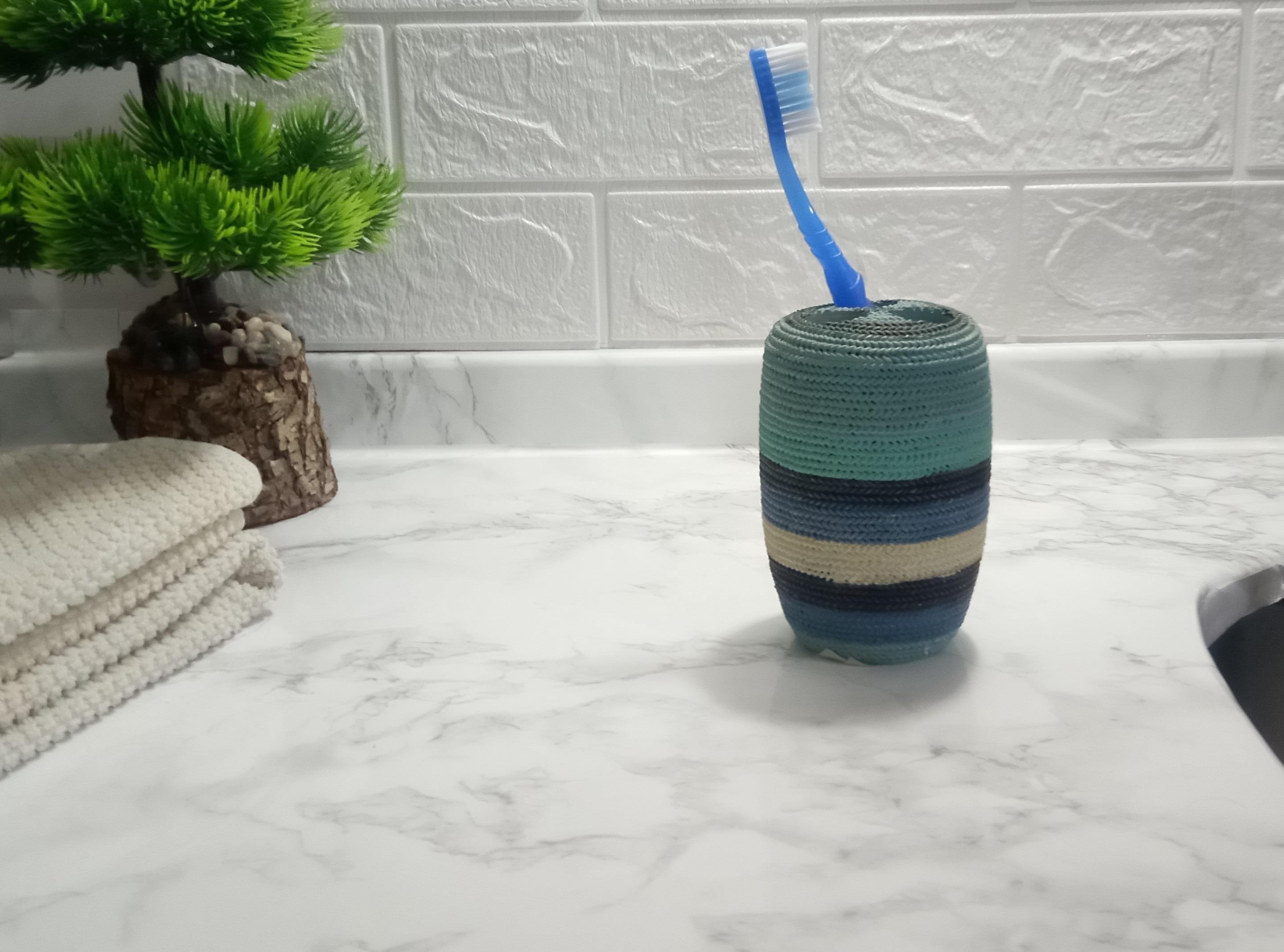 2 Adet Diş Fırçalık Mavi Örgü Poliresin 7X7X11Cm Banyo Seti  