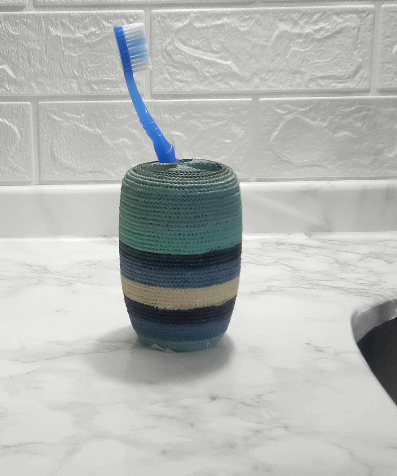 2 Adet Diş Fırçalık Mavi Örgü Poliresin 7X7X11Cm Banyo Seti  