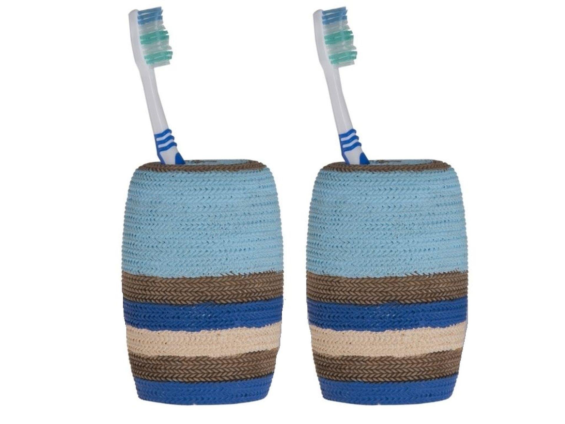 2 Adet Diş Fırçalık Mavi Örgü Poliresin 7X7X11Cm Banyo Seti  