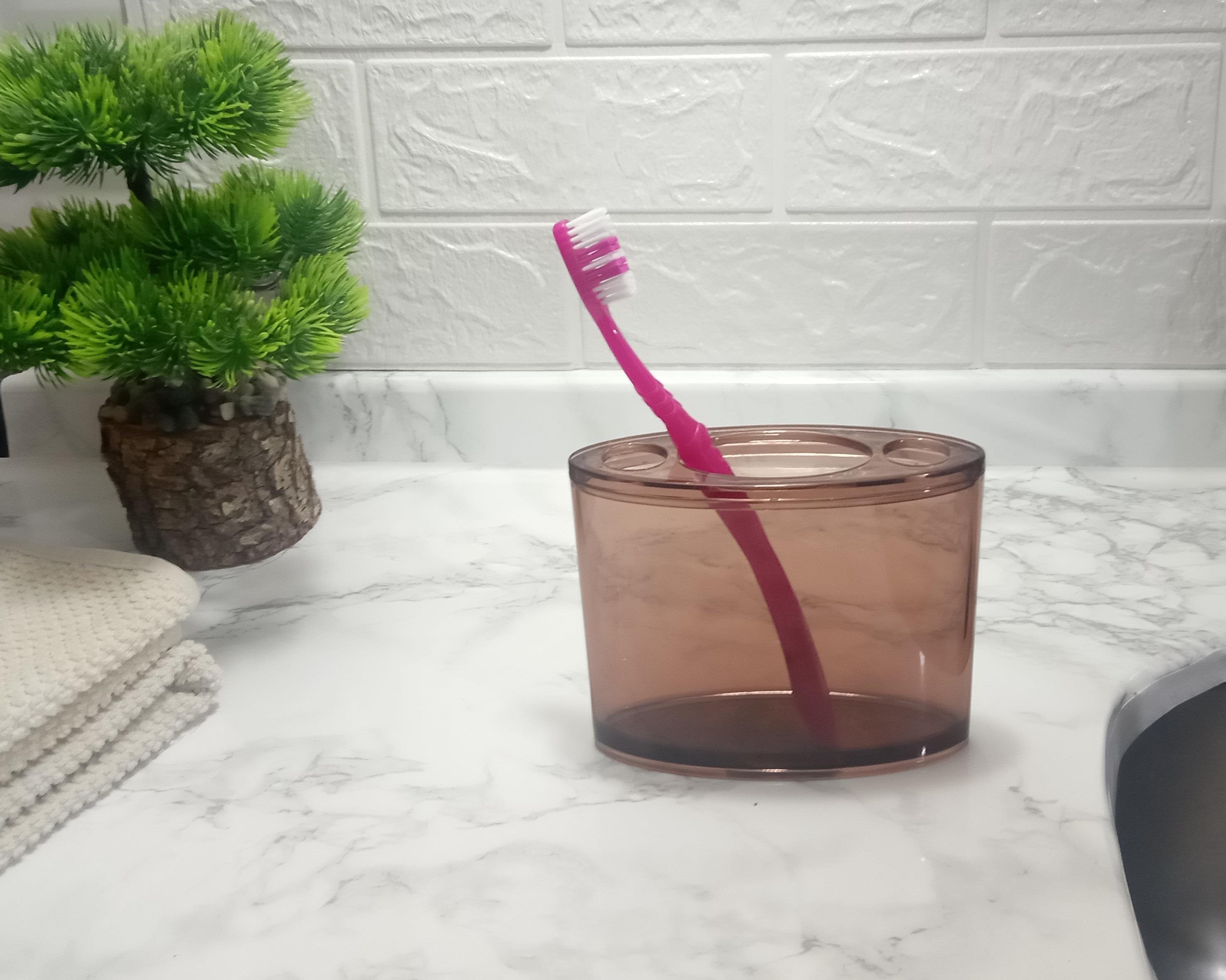 2 Adet Diş Fırçalık Oval Kahverengi Akrilik 13X5X10Cm Banyo Seti  