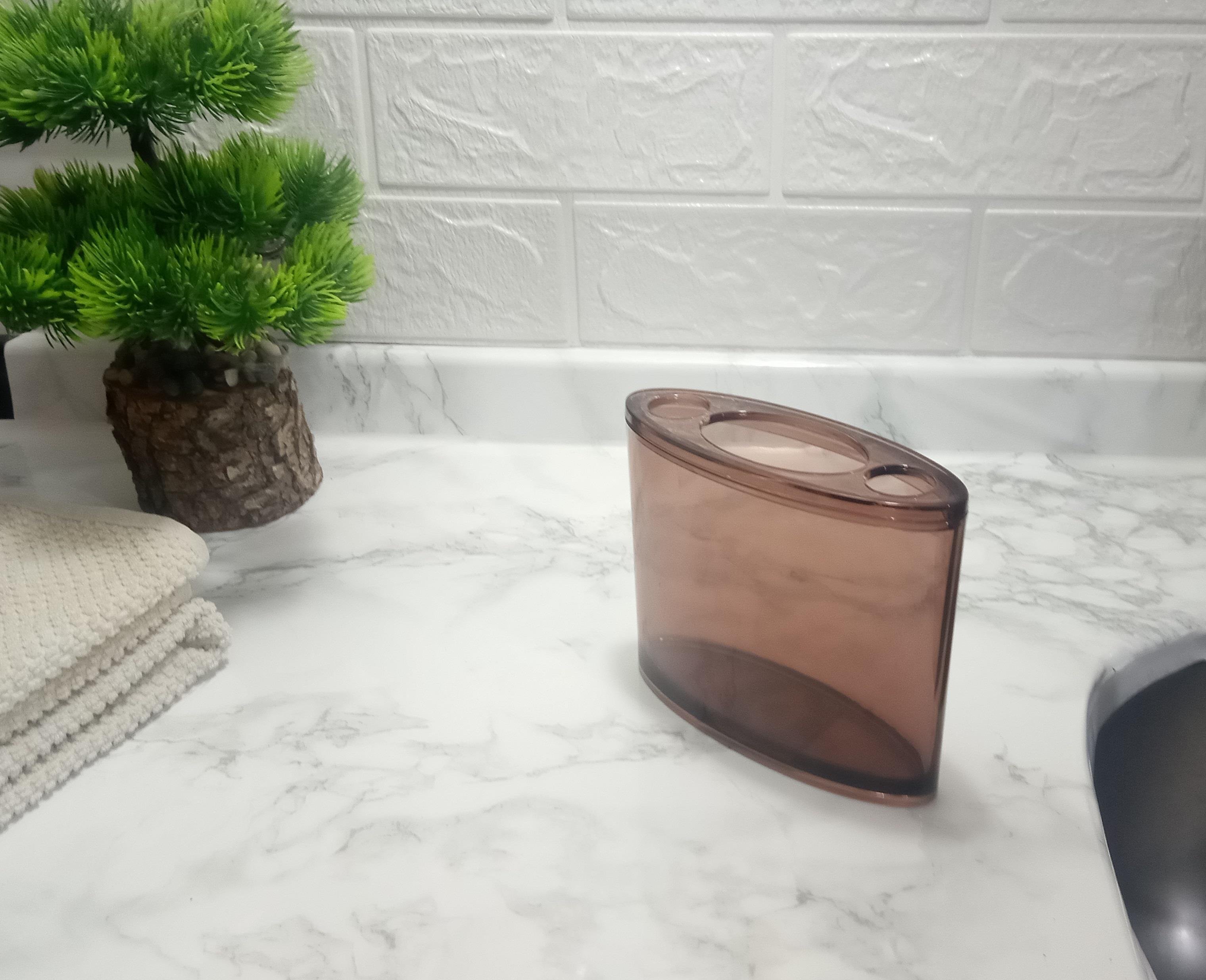 2 Adet Diş Fırçalık Oval Kahverengi Akrilik 13X5X10Cm Banyo Seti  