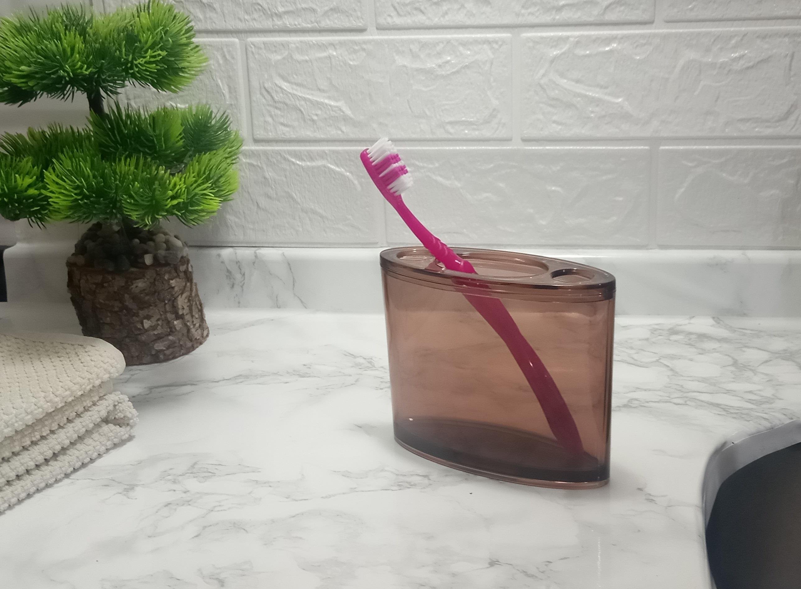 2 Adet Diş Fırçalık Oval Kahverengi Akrilik 13X5X10Cm Banyo Seti  