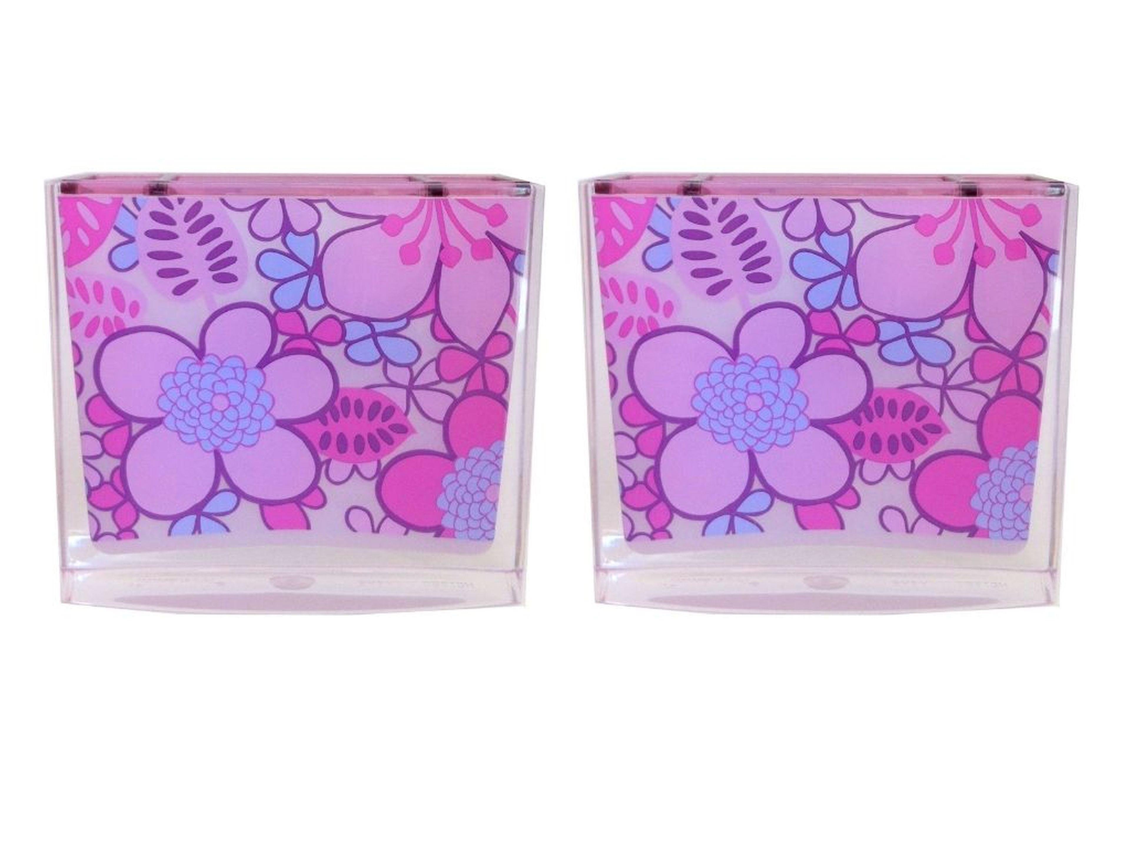 2 Adet Diş Fırçalık Pembe Çiçekli Akrilik 10X10X3Cm Banyo Seti  