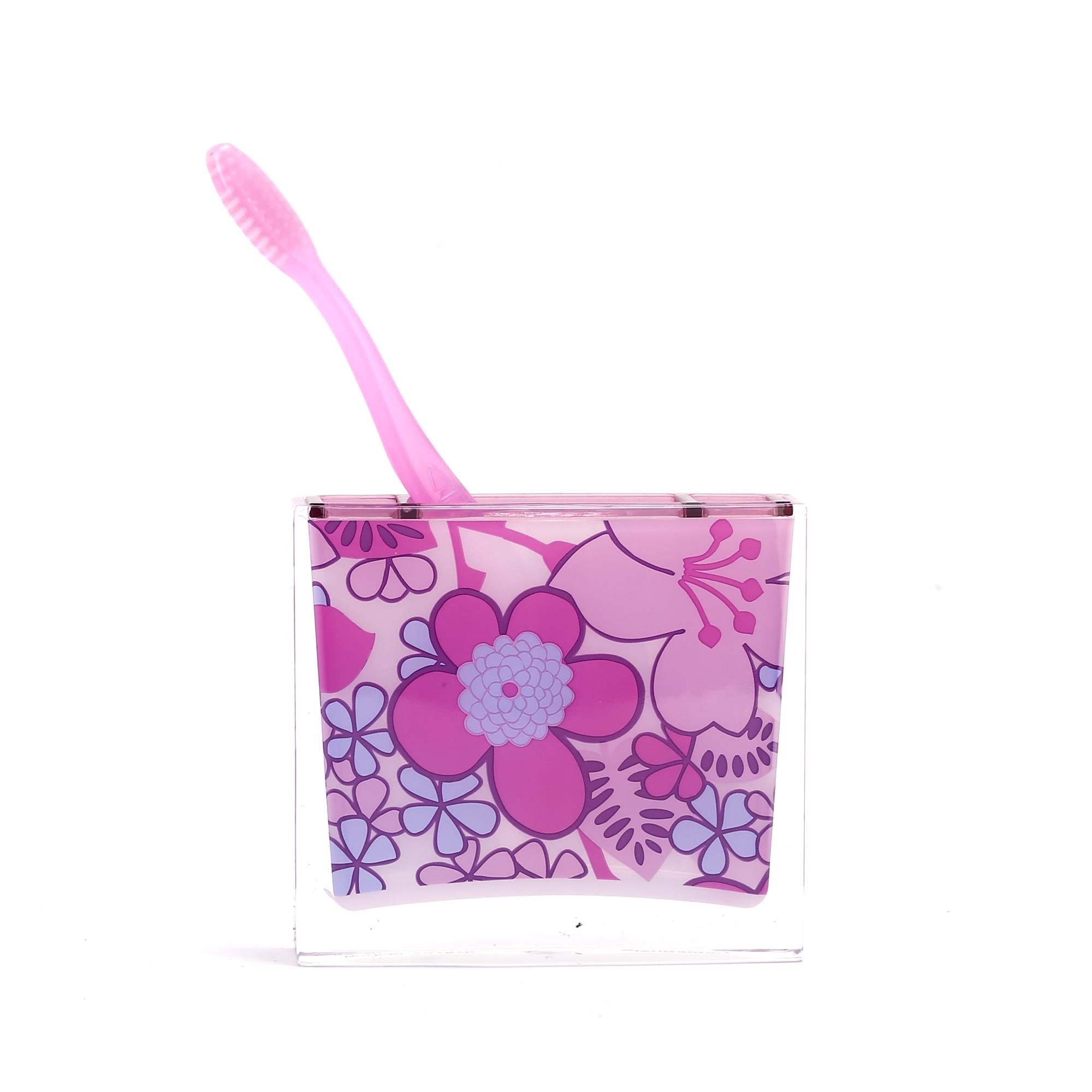 2 Adet Diş Fırçalık Pembe Çiçekli Akrilik 10X10X3Cm Banyo Seti  