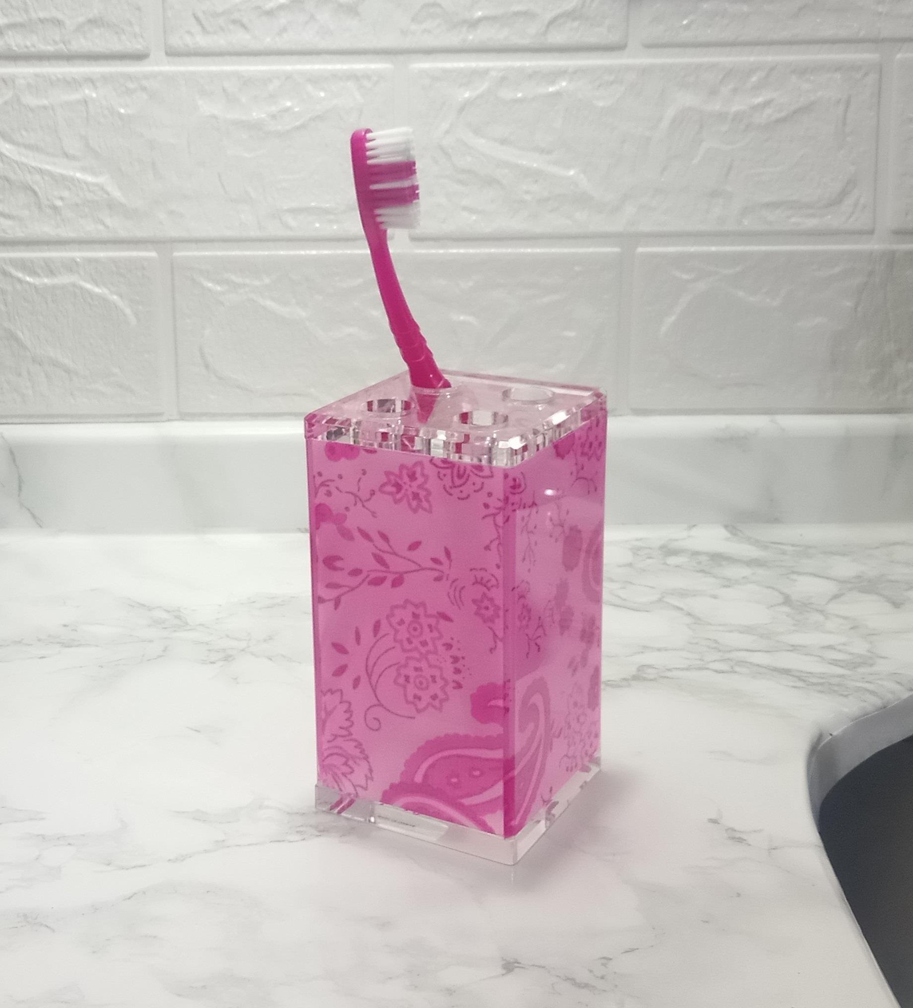 2 Adet Diş Fırçalık Pembe Çiçekli Akrilik 6X6X12Cm Banyo Seti  