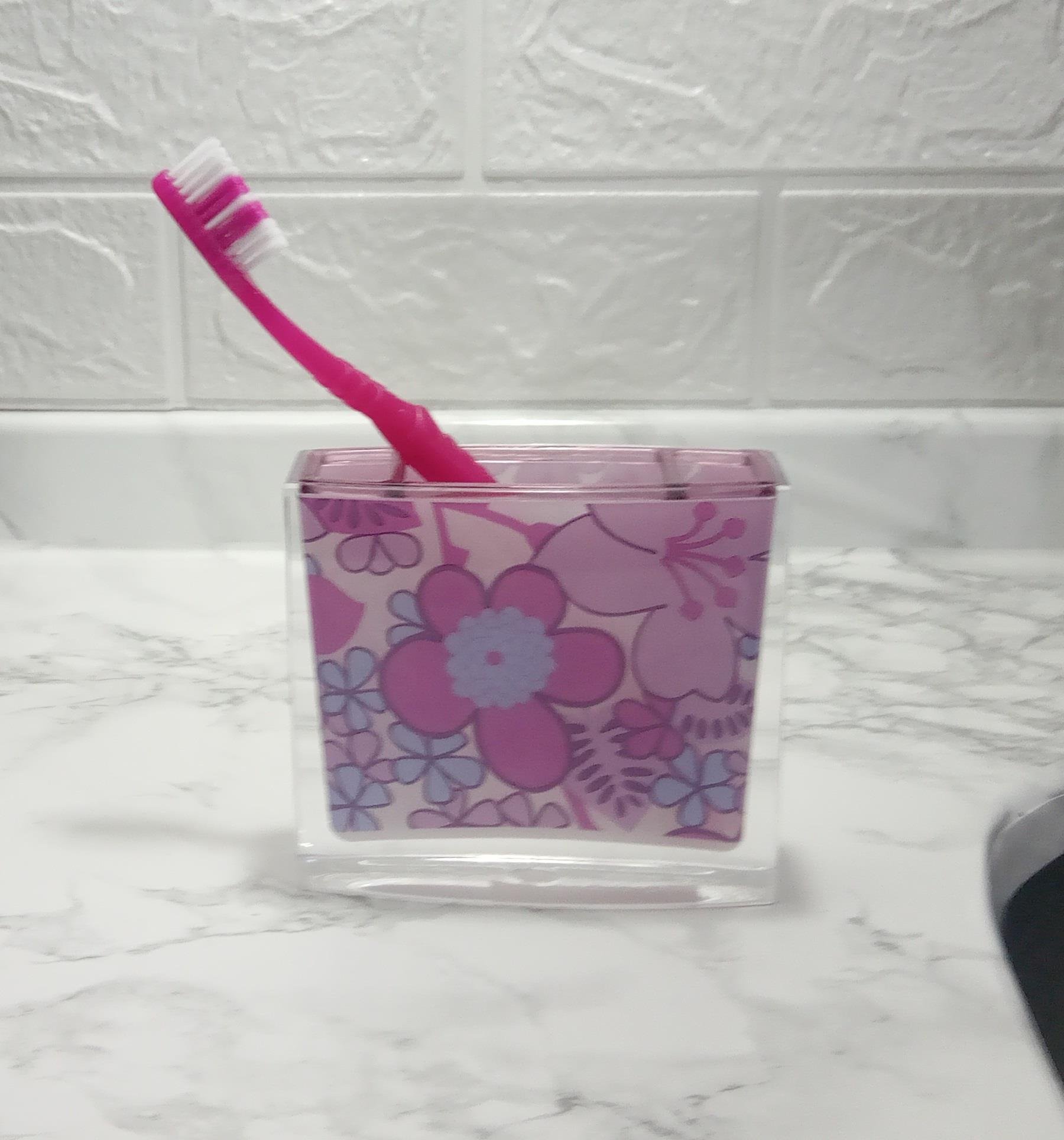2 Adet Diş Fırçalık Pembe Çiçekli Akrilik 10X10X3Cm Banyo Seti  